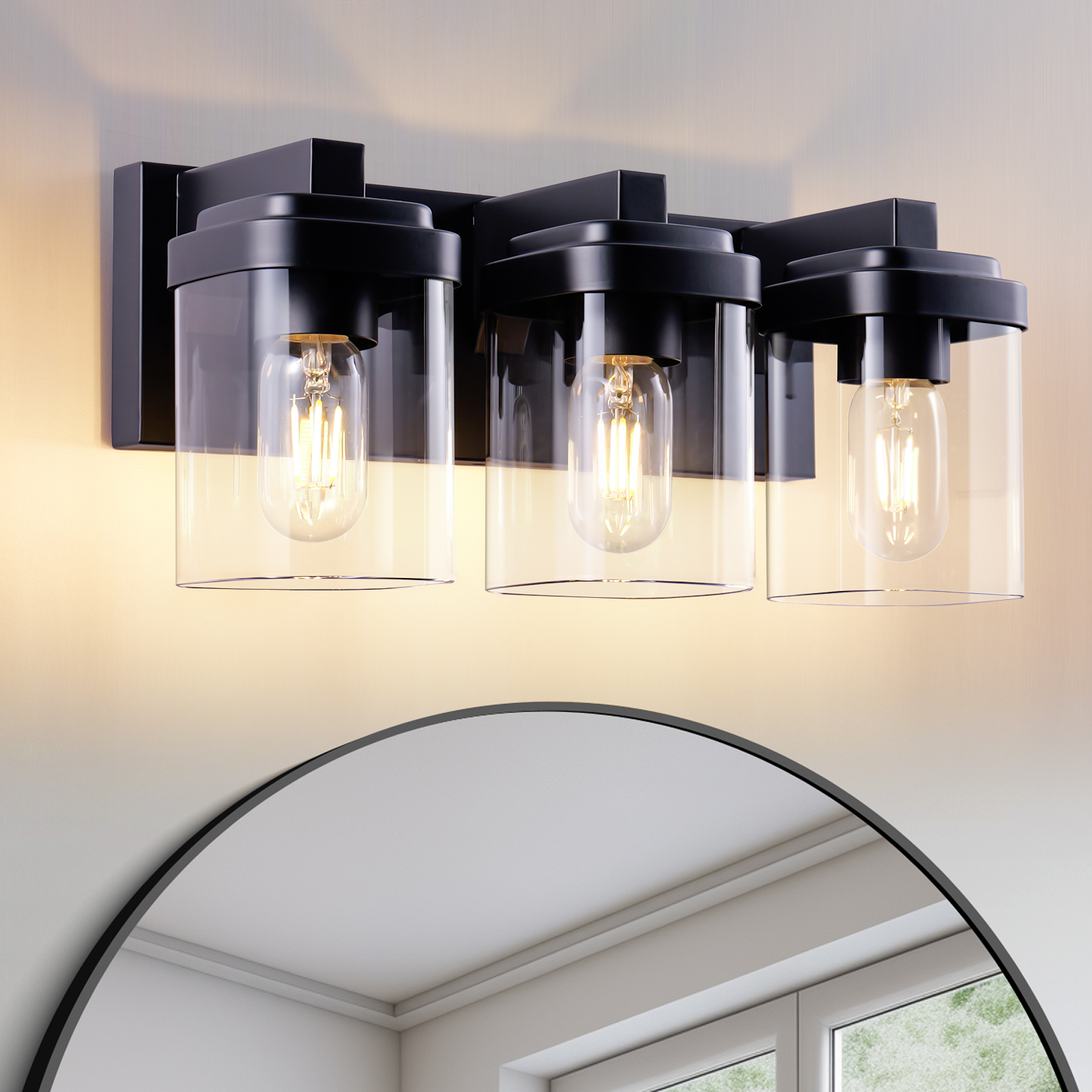 3 Light Bathroom Vanity Light, Matte Black Bathroom Light Fixtures with Clear Glass Shade, Vanity Light Fixtures Over Mirror for Bedroom Living Room(NO BULBS)