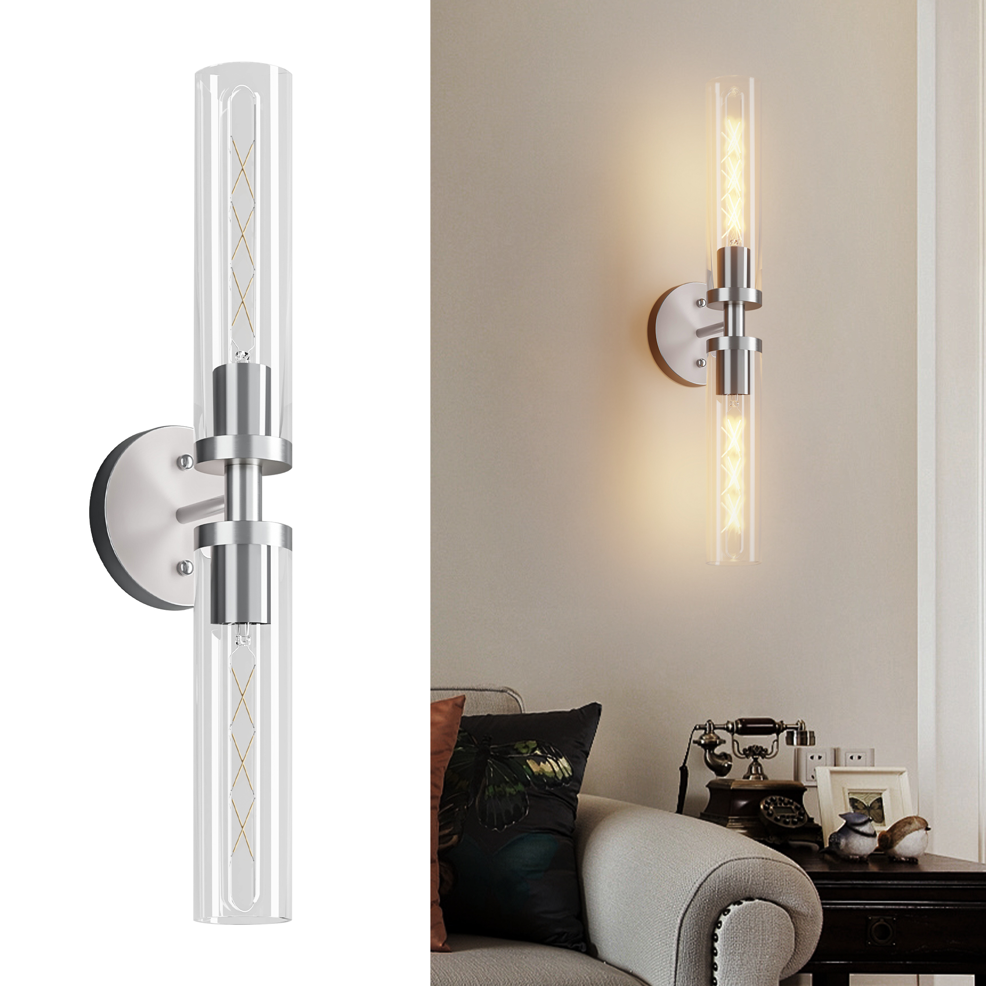Wall Sconces Set of Two, Hardwired Brushed Nickel Bathroom Sconces Wall Lighting with Clear Glass, Modern Sconces Wall Decor Set of 2 Wall Light fixtures for Mirror Hallway (Bulbs Not Included)
