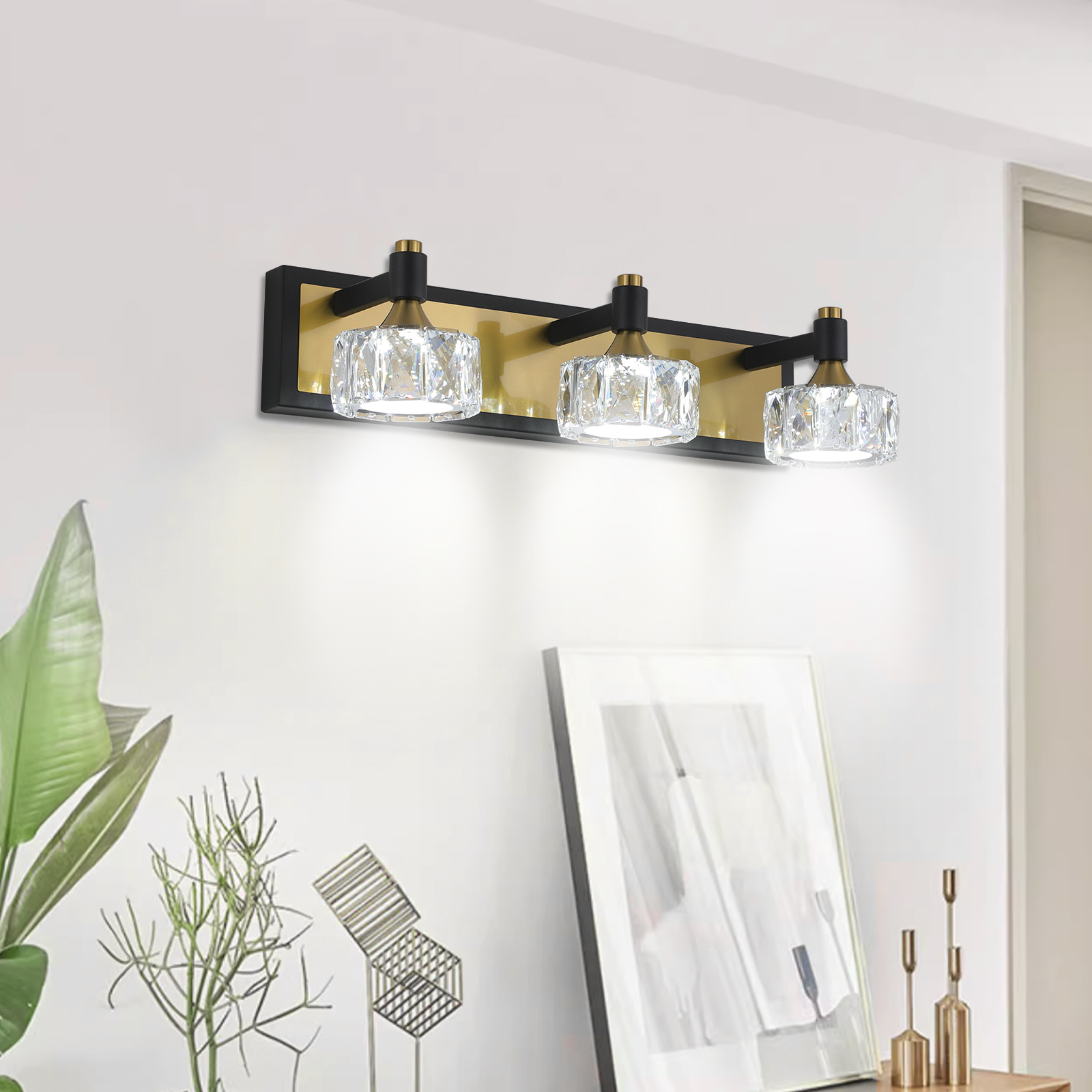 20" Modern Crystal Vanity Light with Black and Gold Finish – 3-Light Bathroom Wall Sconce, Elegant and Stylish Fixture for Bathroom, Bedroom, or Hallway