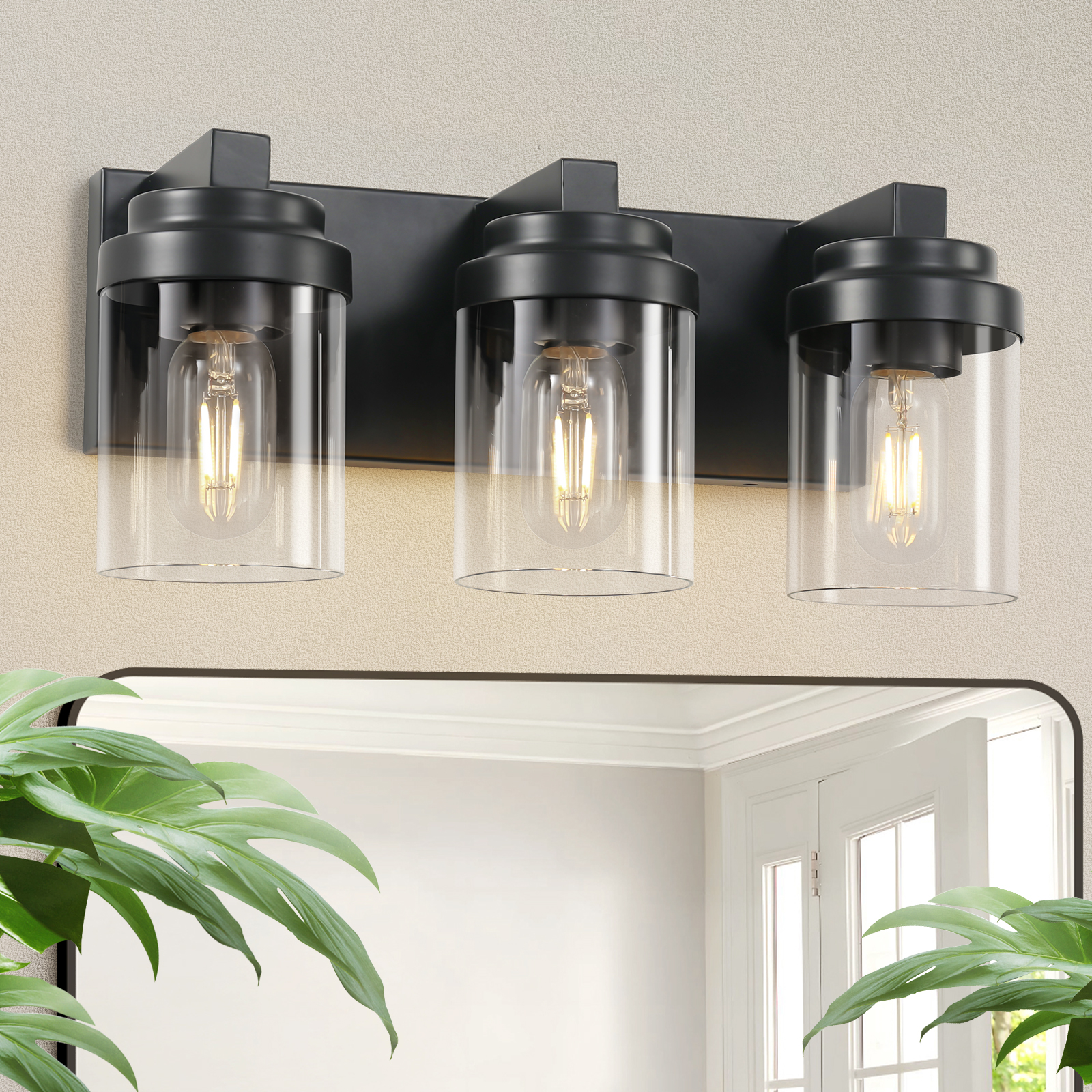 3 Light Bathroom Vanity Light, Matte Black Bathroom Light Fixtures with Clear Glass Shade, Vanity Light Fixtures Over Mirror for Bedroom Living Room(Bulb not included)