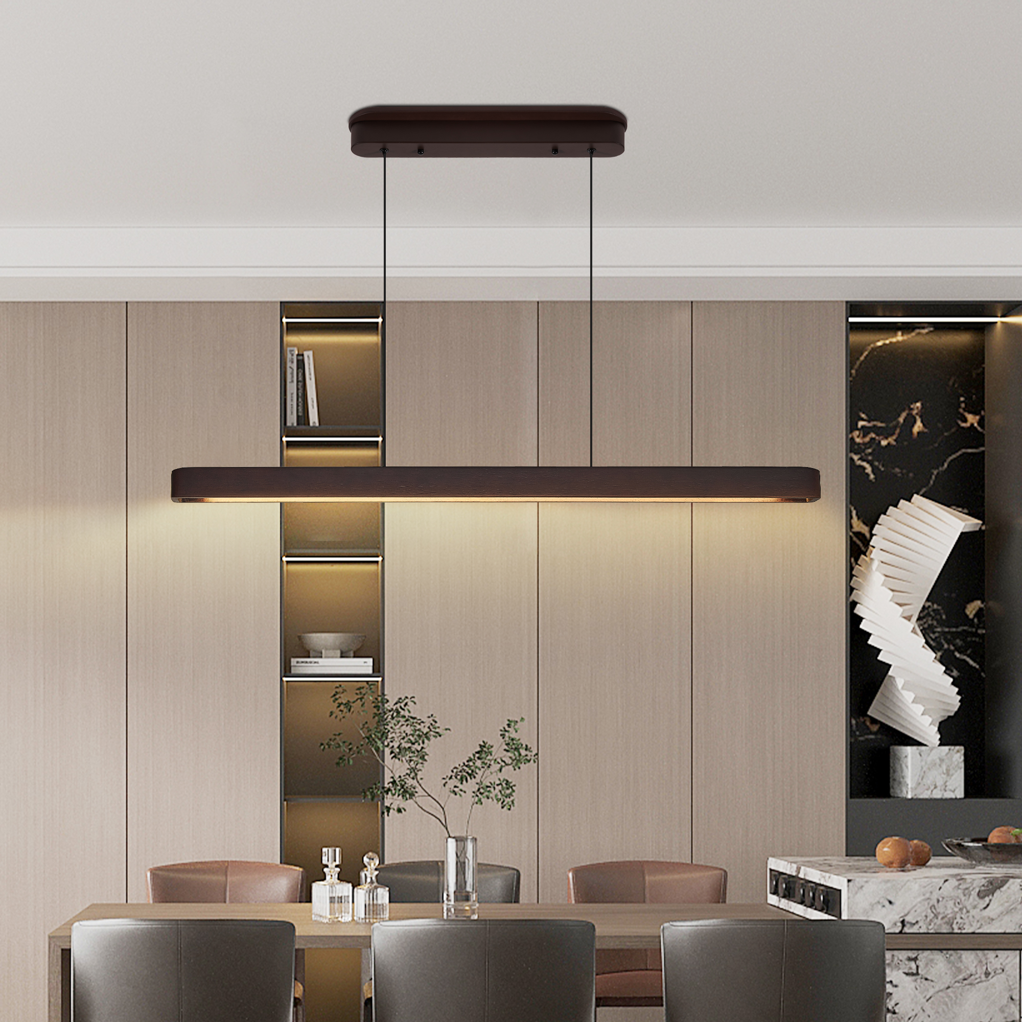 39-inch Walnut Wood Modern LED Pendant Light, Adjustable Hanging Light for Dining Room, Kitchen, Living Room – Sleek Walnut Color Finish