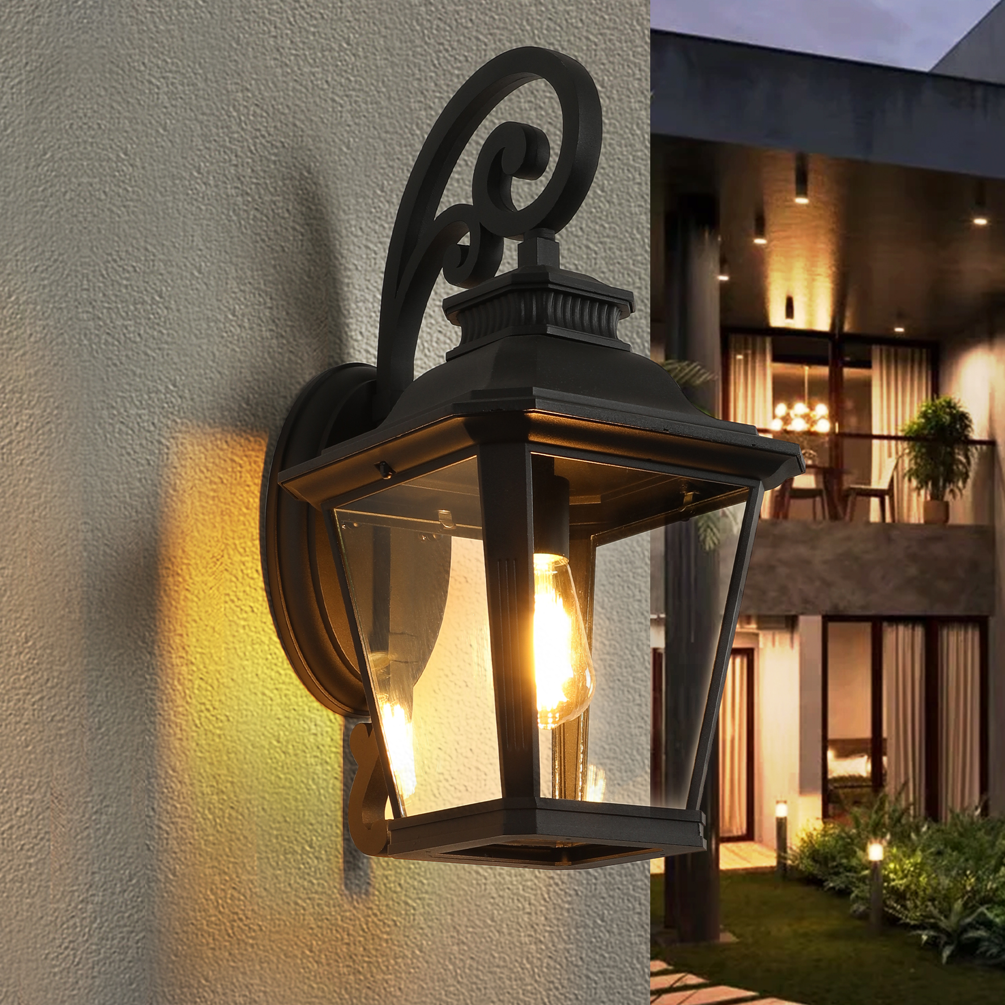 14" Outdoor Wall Lanterns 2-Pack, Black Waterproof Wall Sconce with Clear Glass Panels, Vintage Exterior Light Fixture for Porch, Patio, Garden, and Doorway (Bulb Not Included)
