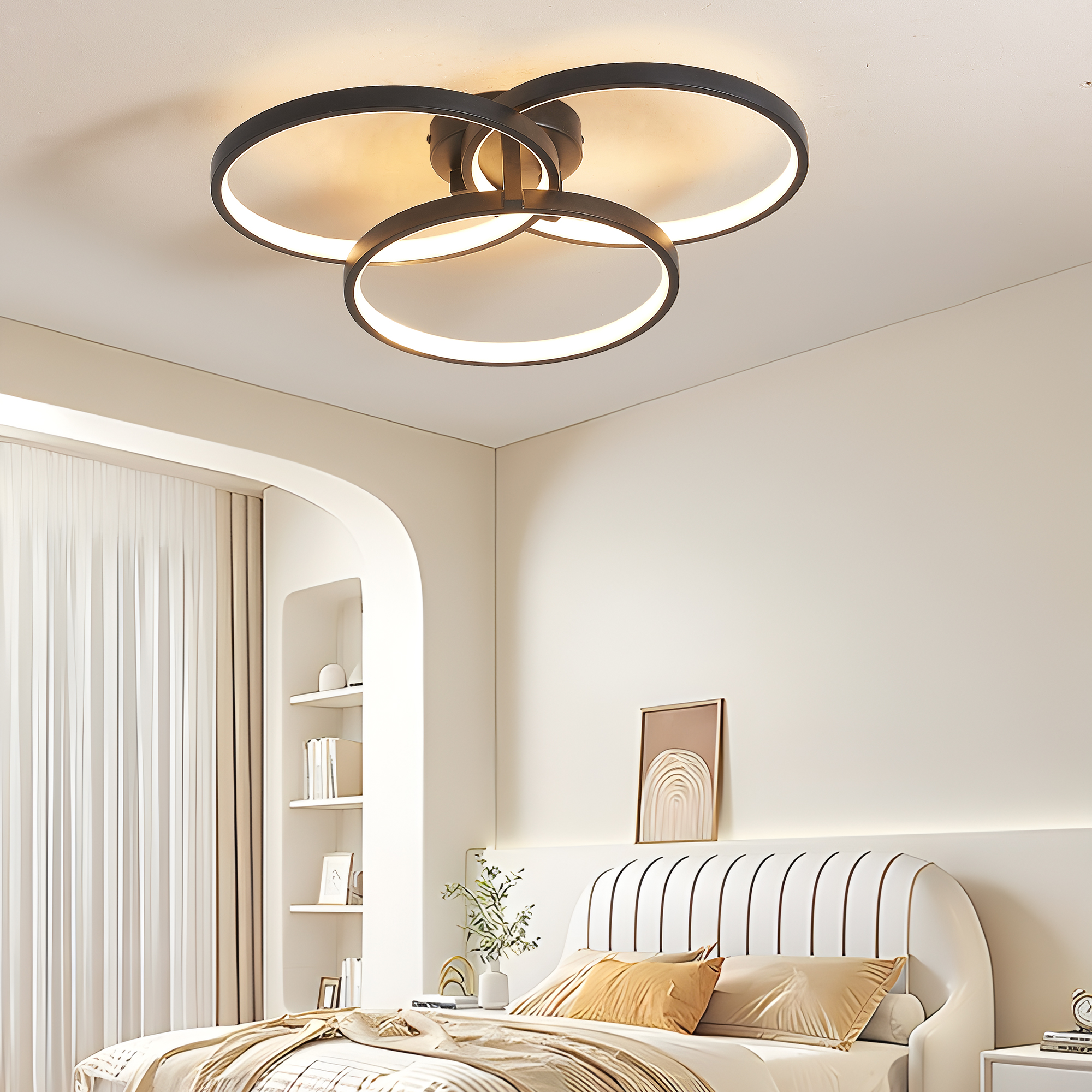 20" Modern Black LED Ceiling Light, 3-Ring Flush Mount Fixture for Living Room, Bedroom, or Dining Room, Sleek and Energy-Efficient Design, Easy Installation