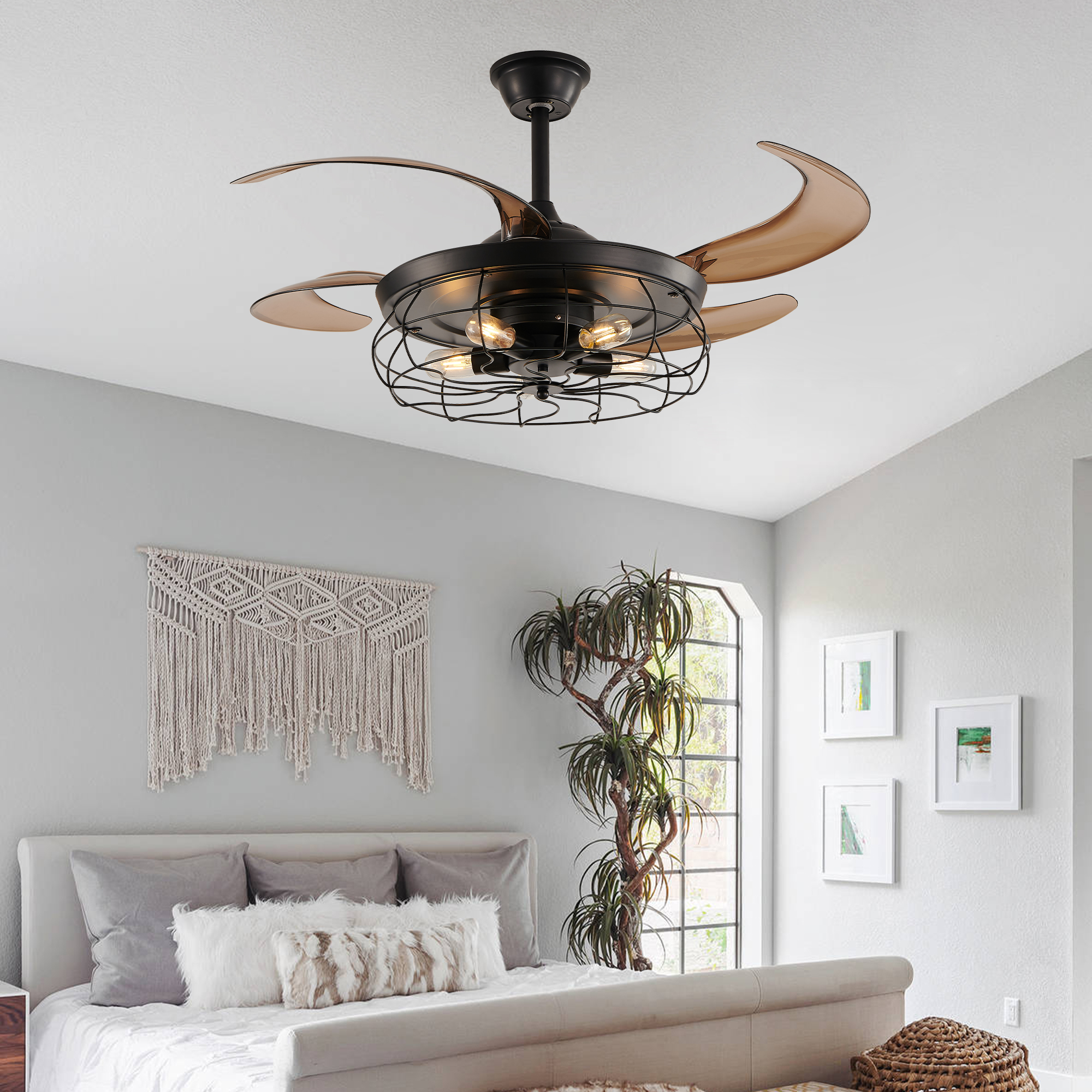 48" Black Remote Control Ceiling Fan Light – Industrial 4-Blade Fan with Cage Design and Adjustable Speed for Living Room, Bedroom, or Office (Silent/6-Speed/Reversible/DC Motor) (Bulb Not Included)