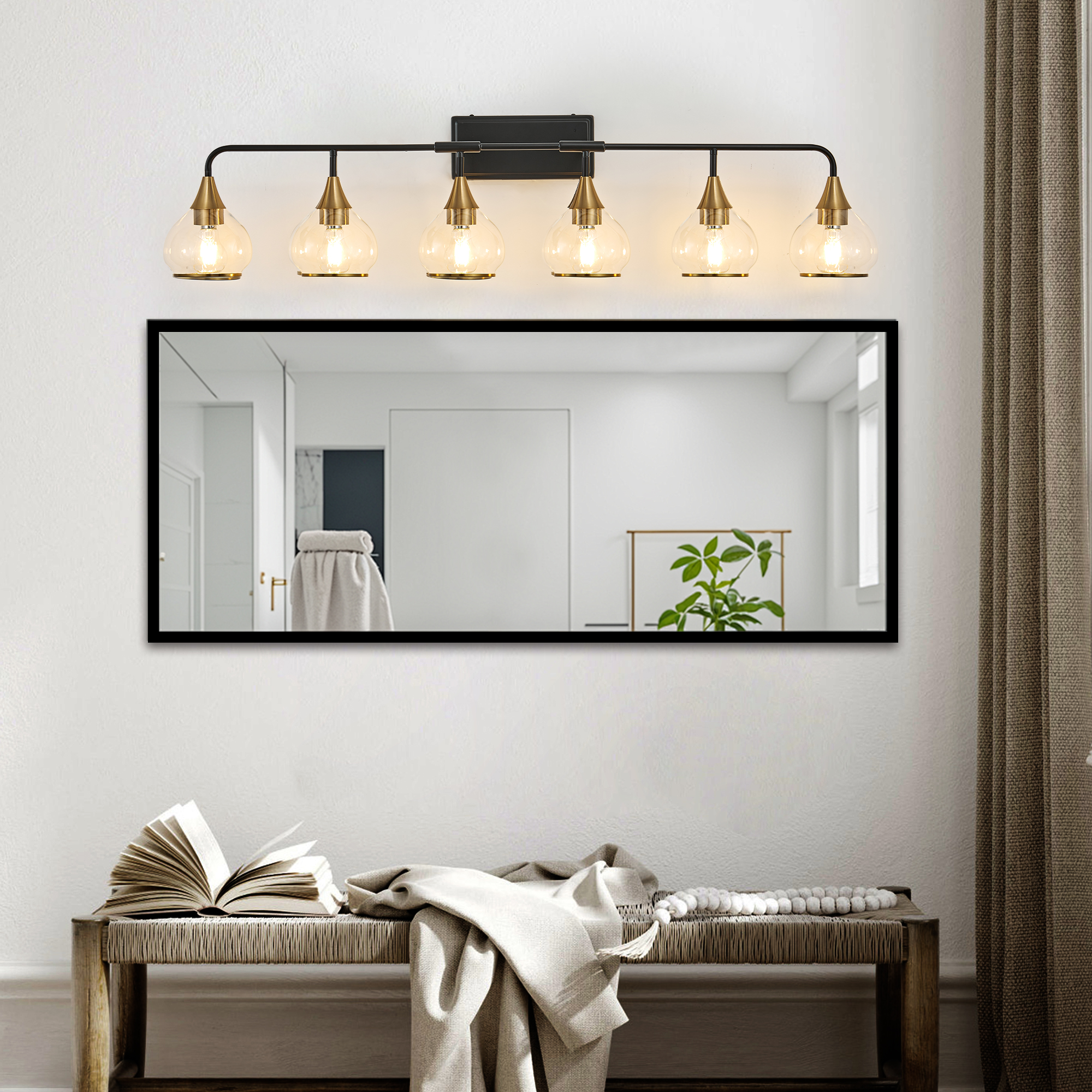 48" Modern 6-Light Vanity Wall Sconce - Black and Gold Bathroom Light Fixture with Clear Glass Shades, Industrial Wall Mounted Lamp for Mirror, Vanity, and Living Spaces (Bulb Not Included)