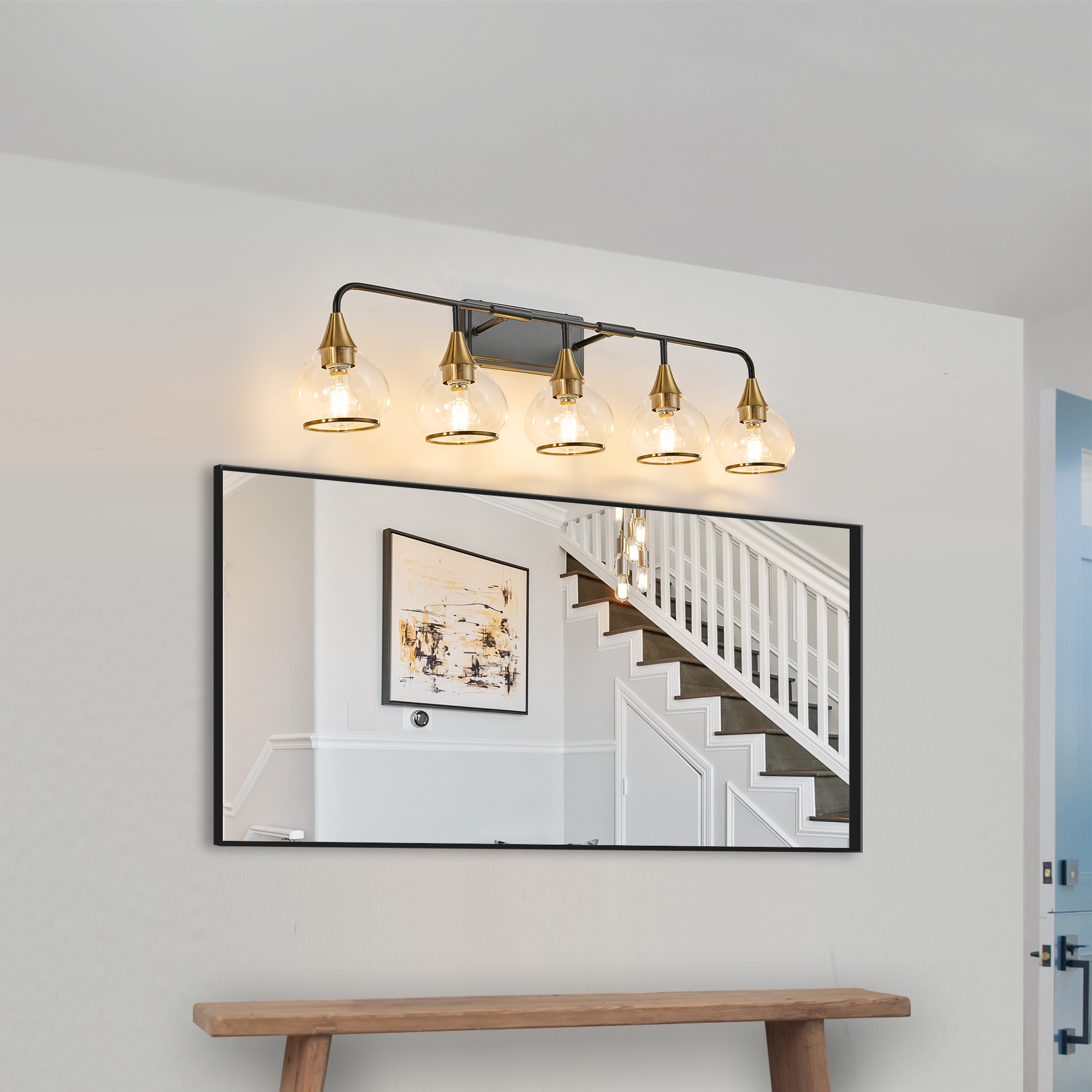 40" Modern 5-Light Vanity Wall Sconce - Black and Gold Bathroom Light Fixture with Clear Glass Shades, Industrial Wall Mounted Lamp for Mirror, Vanity, and Living Spaces (Bulb Not Included)