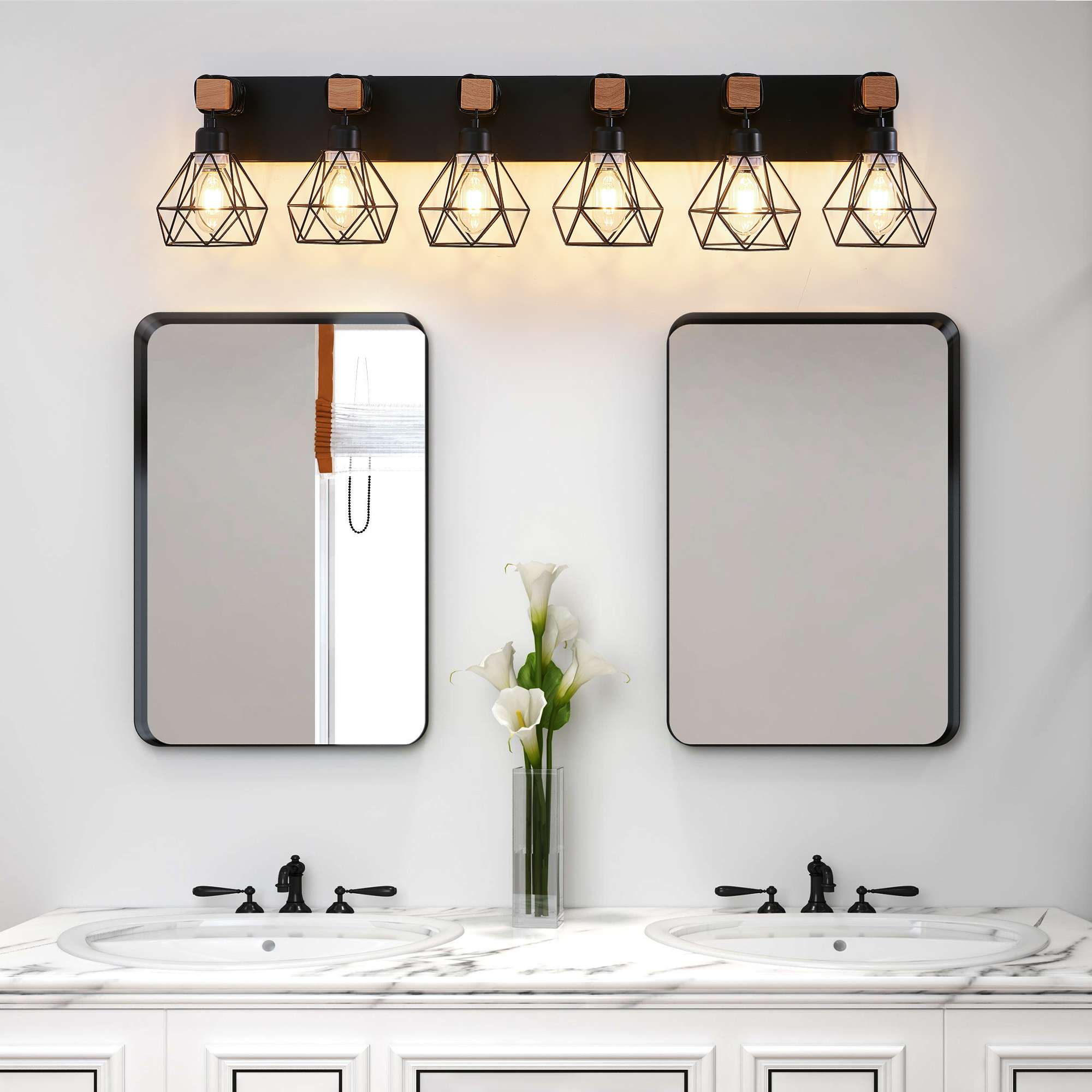 38" Modern Geometric 6-Light Vanity Light Fixture with Black Metal, Wooden Accents and Cage Lampshade for Bathroom, Bedroom, or Living Room (Bulb Not Included)