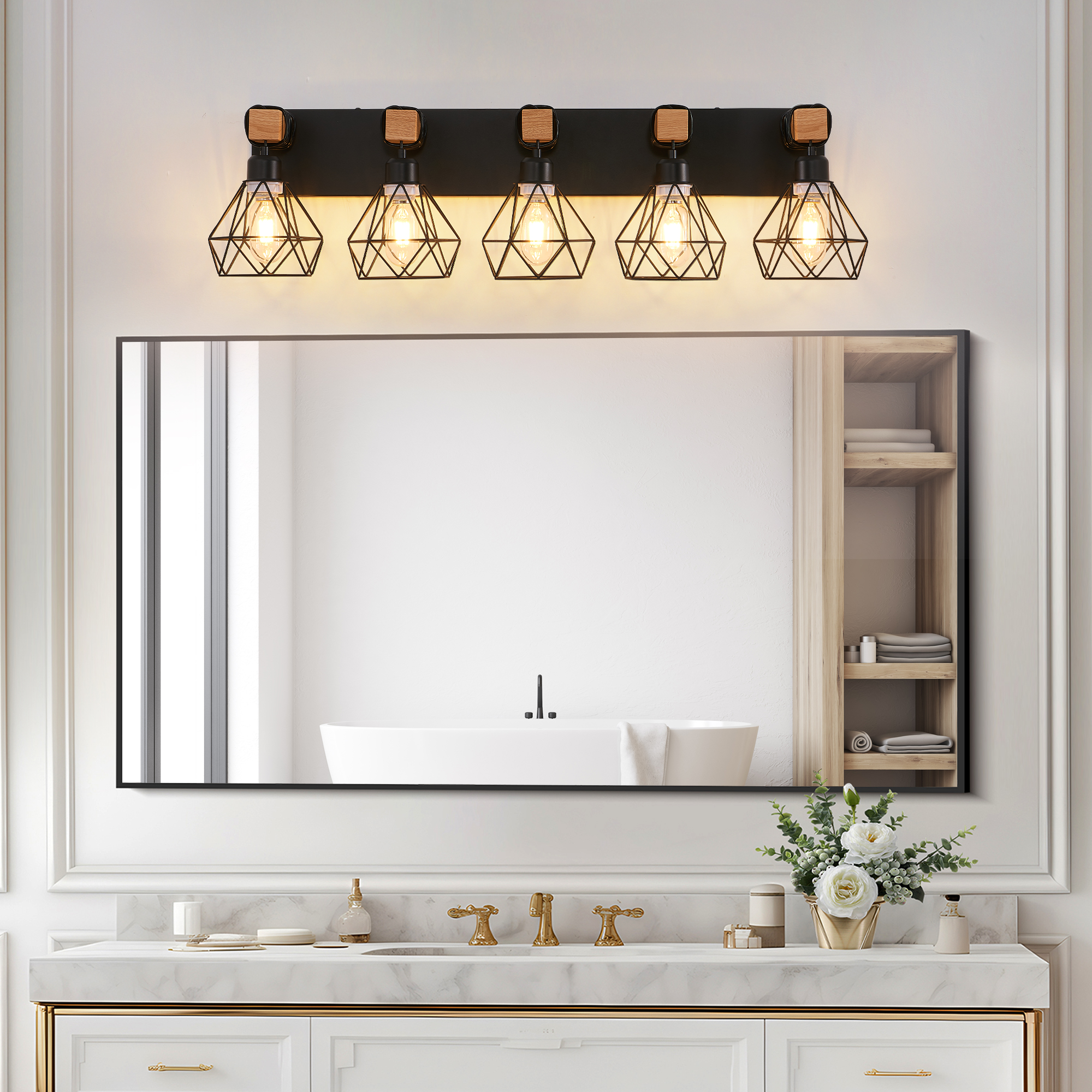 31" Modern Geometric 5-Light Vanity Light Fixture with Black Metal, Wooden Accents and Cage Lampshade for Bathroom, Bedroom, or Living Room (Bulb Not Included)