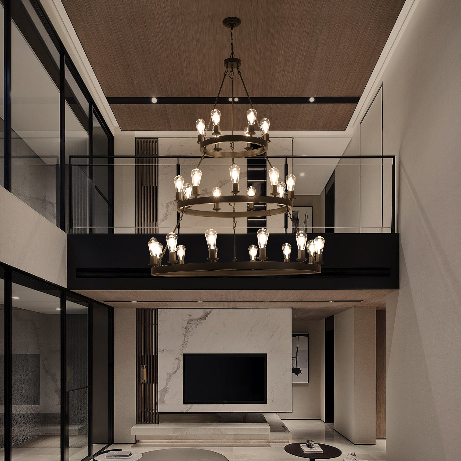 45" Retro Industrial Style 3-Layer Pendant Light, 27-Lights Black Farmhouse Pendant, Suitable for Dining Rooms, Living Rooms (Bulb Not Included)