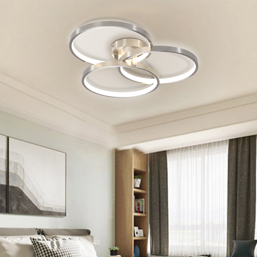 20" Modern LED Ceiling Light Fixture - Circular 3-Ring Design, Dimmable, Contemporary Brushed Nickel Finish for Living Room, Bedroom & Office