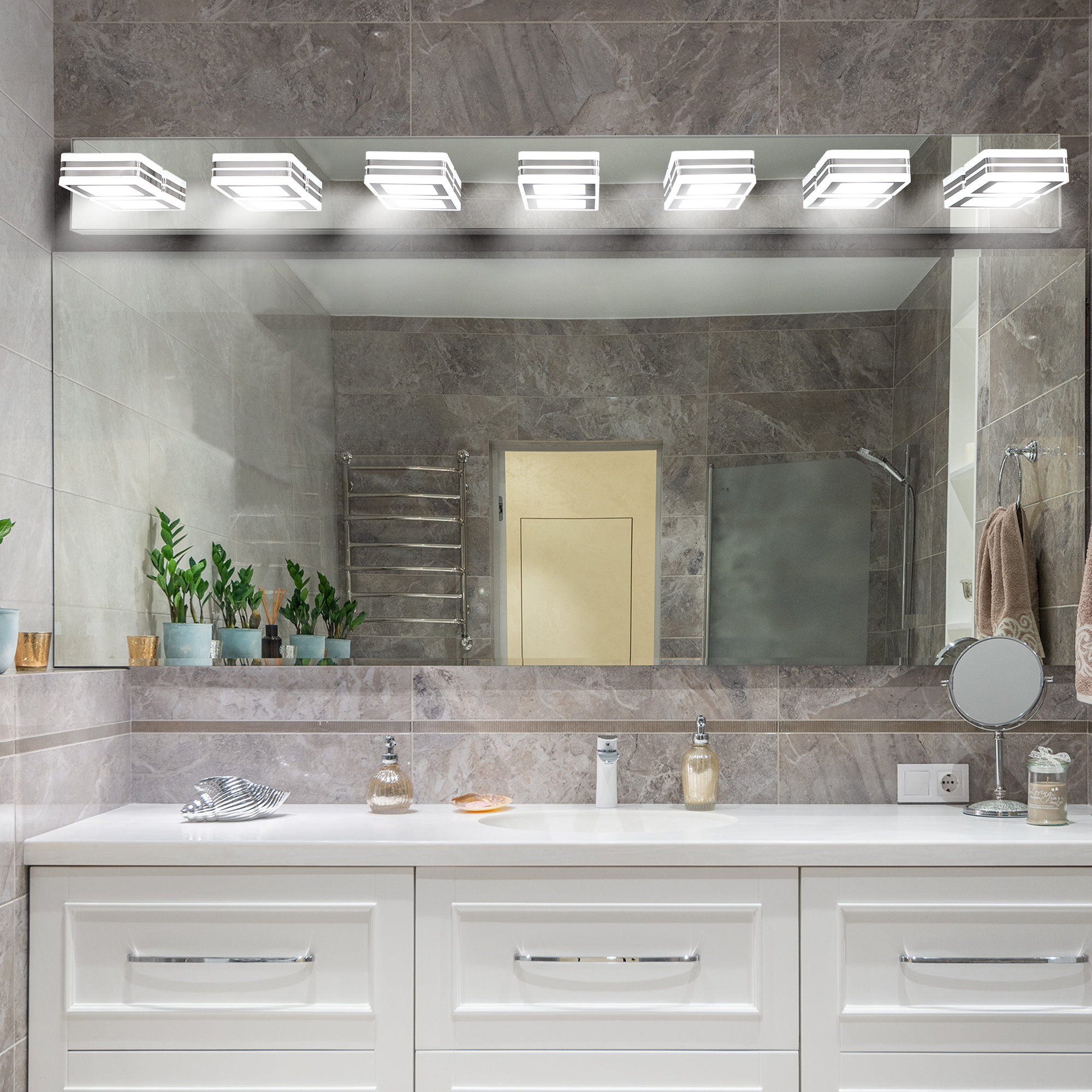 (Same as W1340142519/L2007-G-7) 45" Modern Chrome 7-Light LED Vanity Light, Square Acrylic Lampshades Wall Mount Fixture for Bathroom, Mirror Lighting