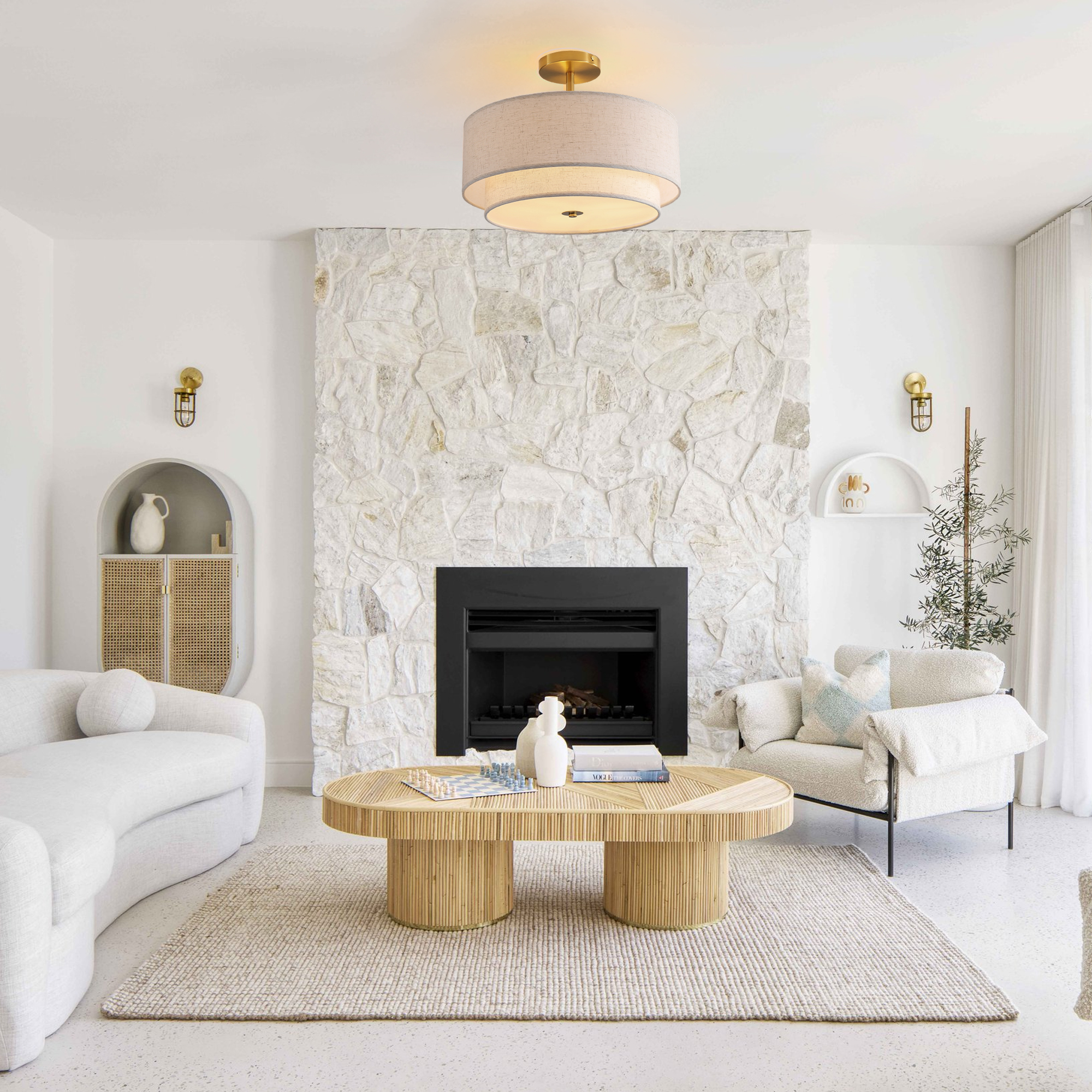 15" Modern Ceiling Light, Fabric Upholstered, Flush-Mount Fixture for Living Room, Bedroom or Dining Room, Stylish Energy-Saving Design, Easy Installation (Bulb Not Included)