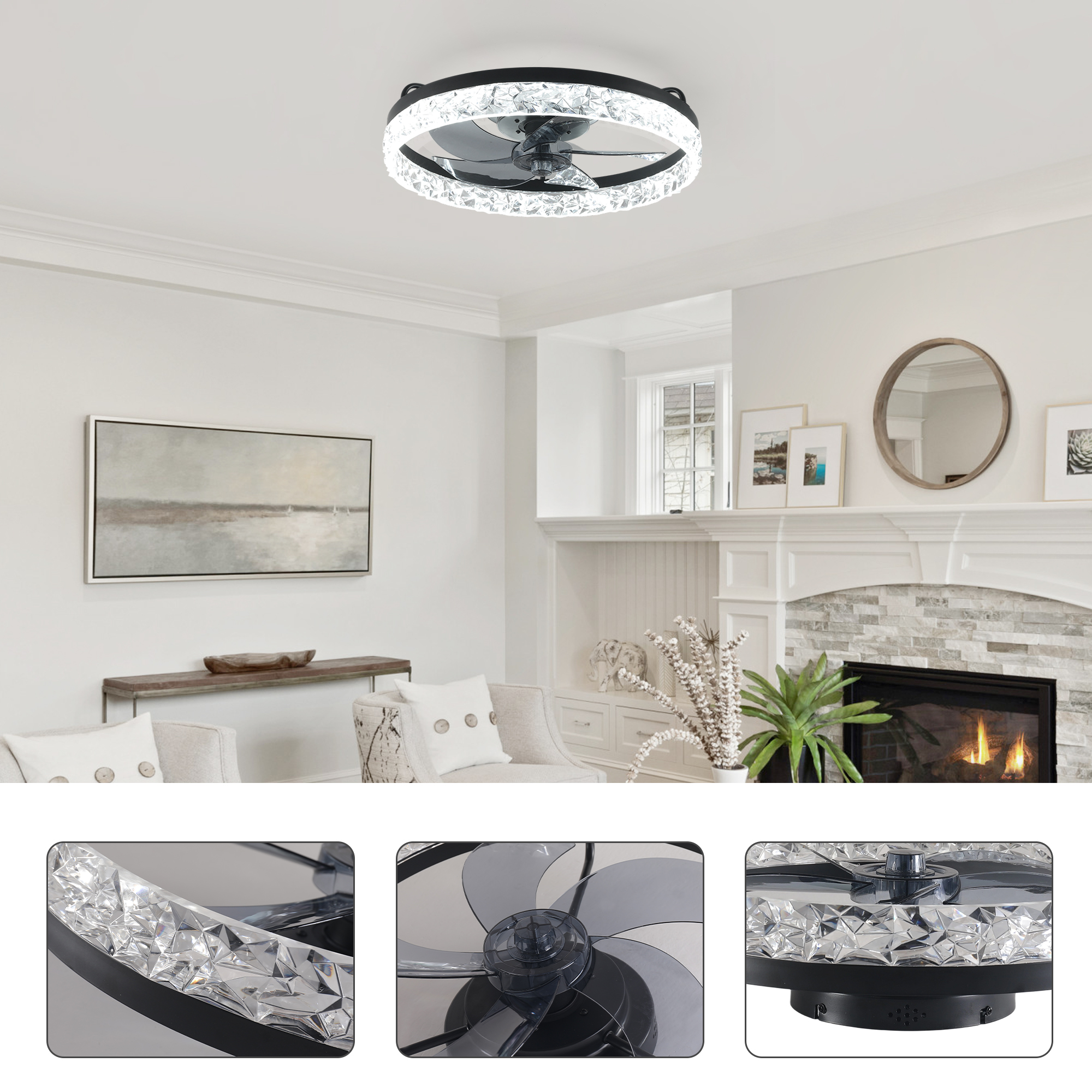 19" Black Frame Iceberg Bedroom Fan Light with Remote Control, Dimmable, 7 Blades, Reversible DC Motor, with LED Light