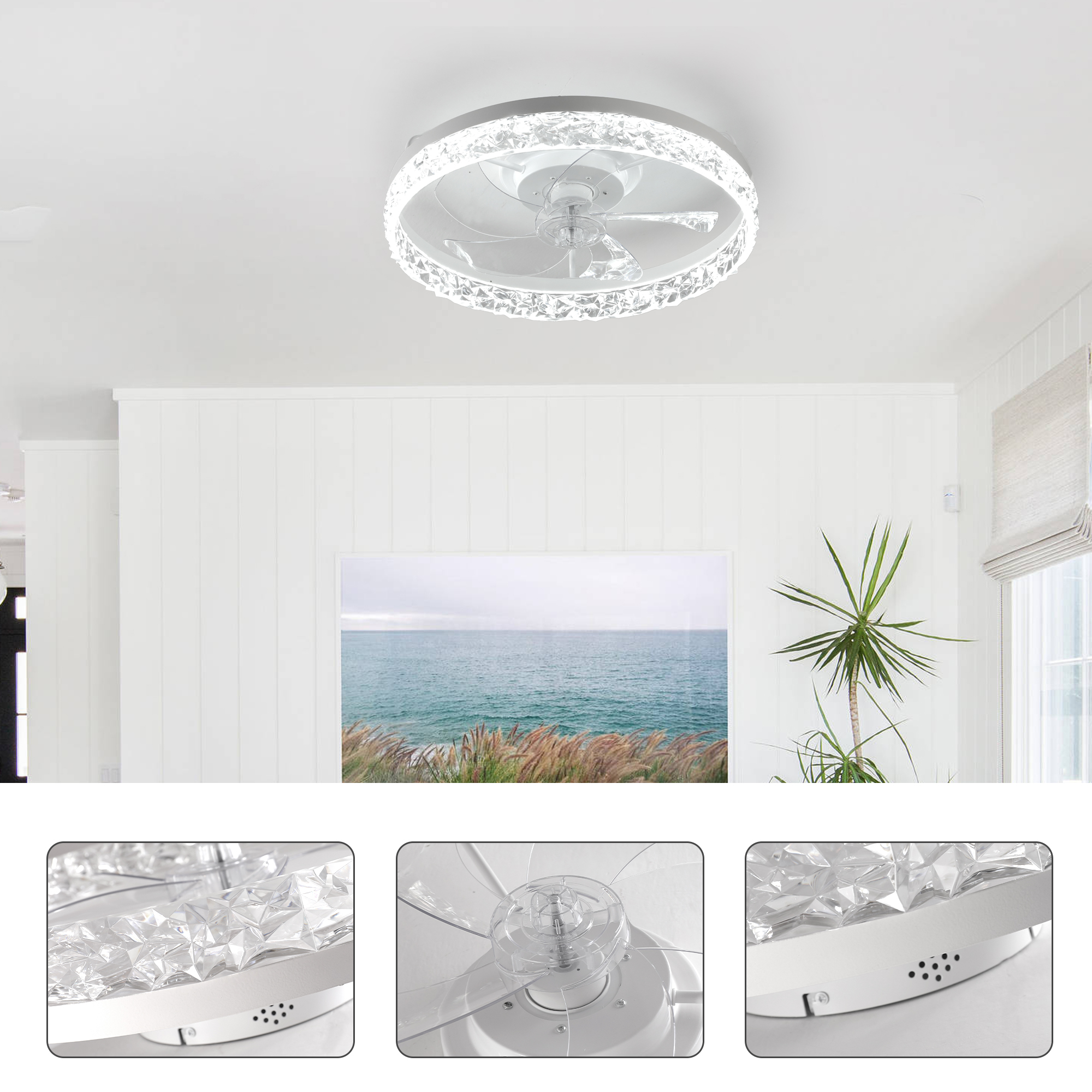 19" White Frame Iceberg Bedroom Fan Light with Remote Control, Dimmable, 7 Blades, Reversible DC Motor, with LED Light