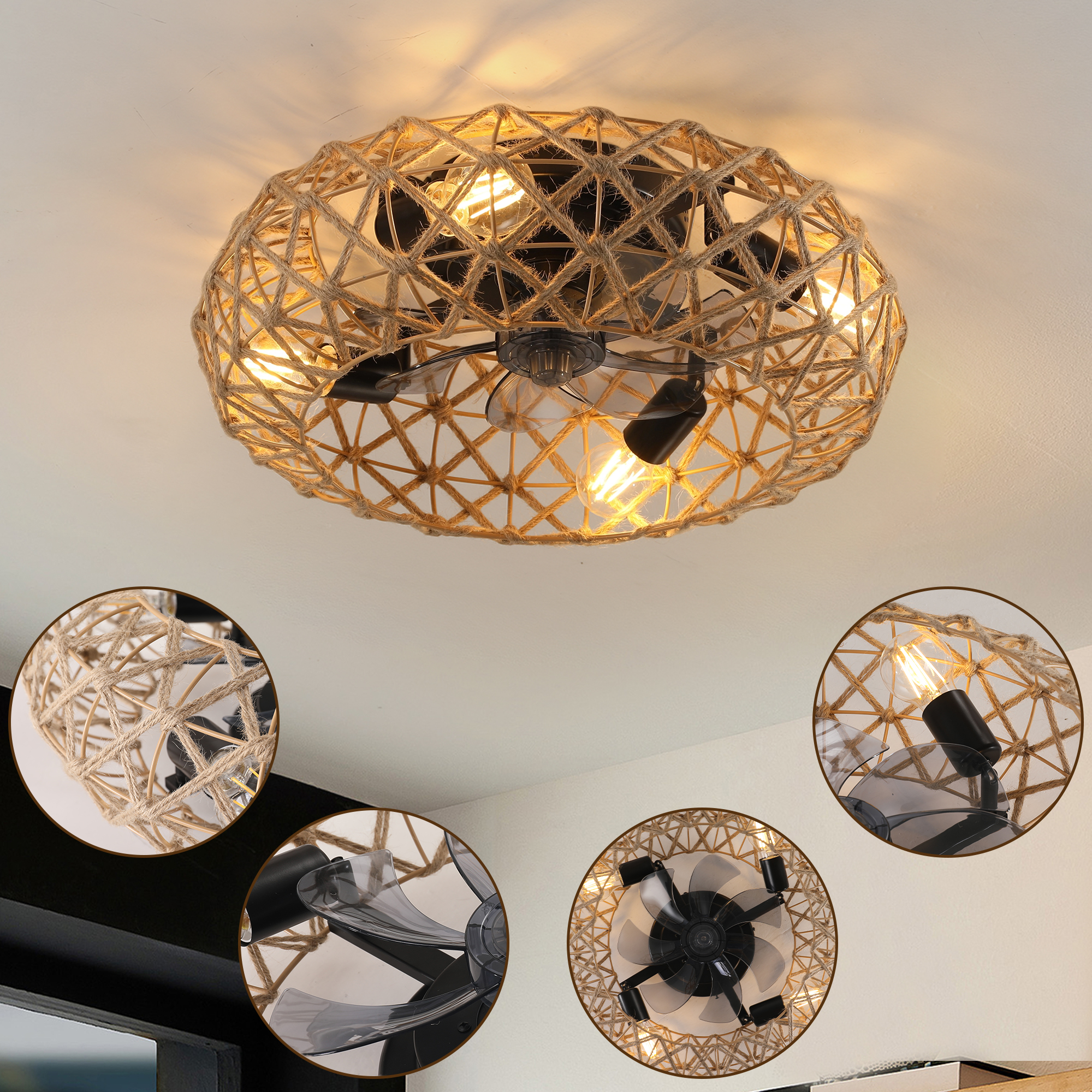 Ceiling-mounted Jute Rope Fan Light Strip with 4 Bulbs, Dimmable, 7 Dlades, Reversible DC Motor