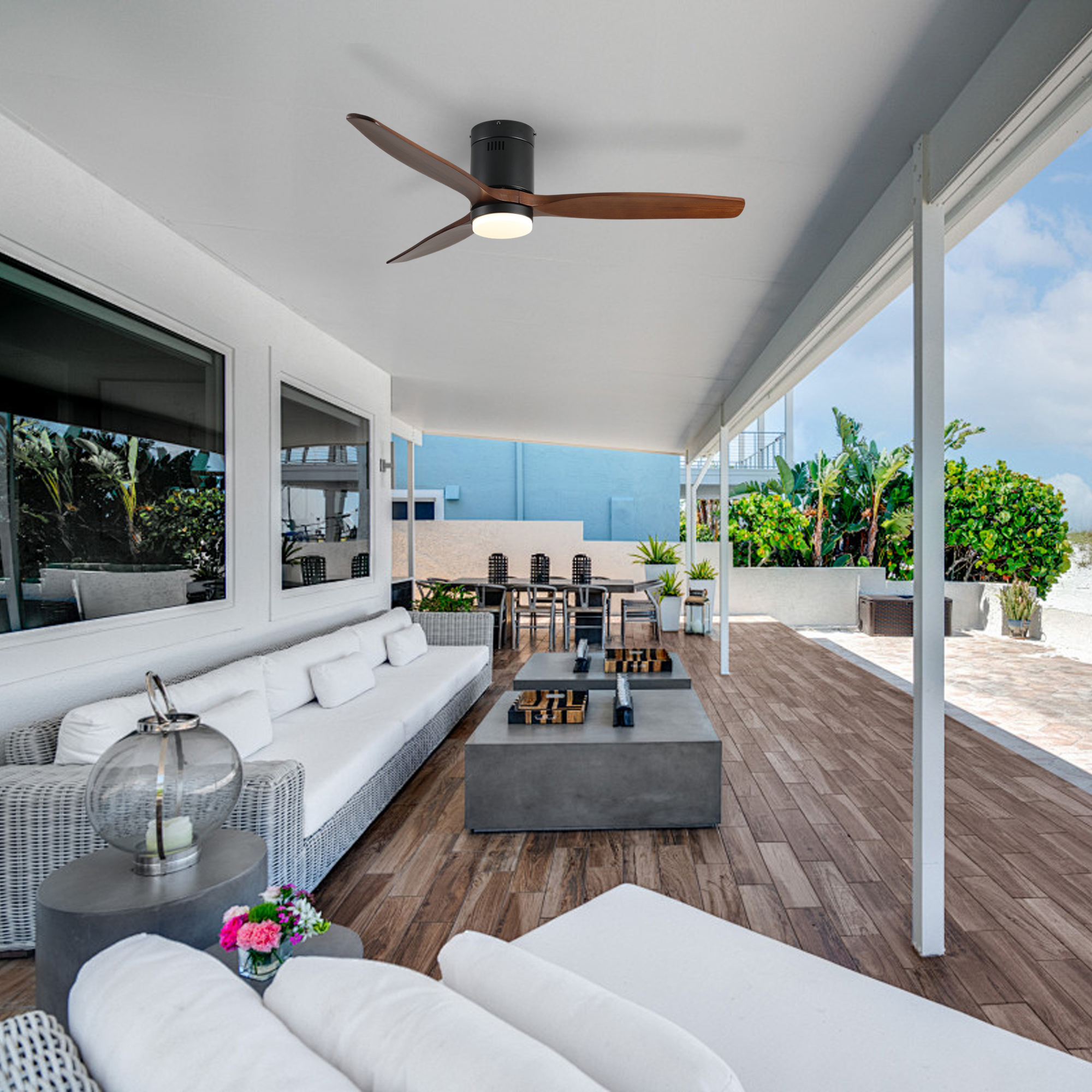 52 Inch Ceiling Fan with Light, 3 Dark Walnut Solid Wood Blades,Remote Control,6-speed Reversible DC Motor for Bed Room,Dining Room,Living Room.