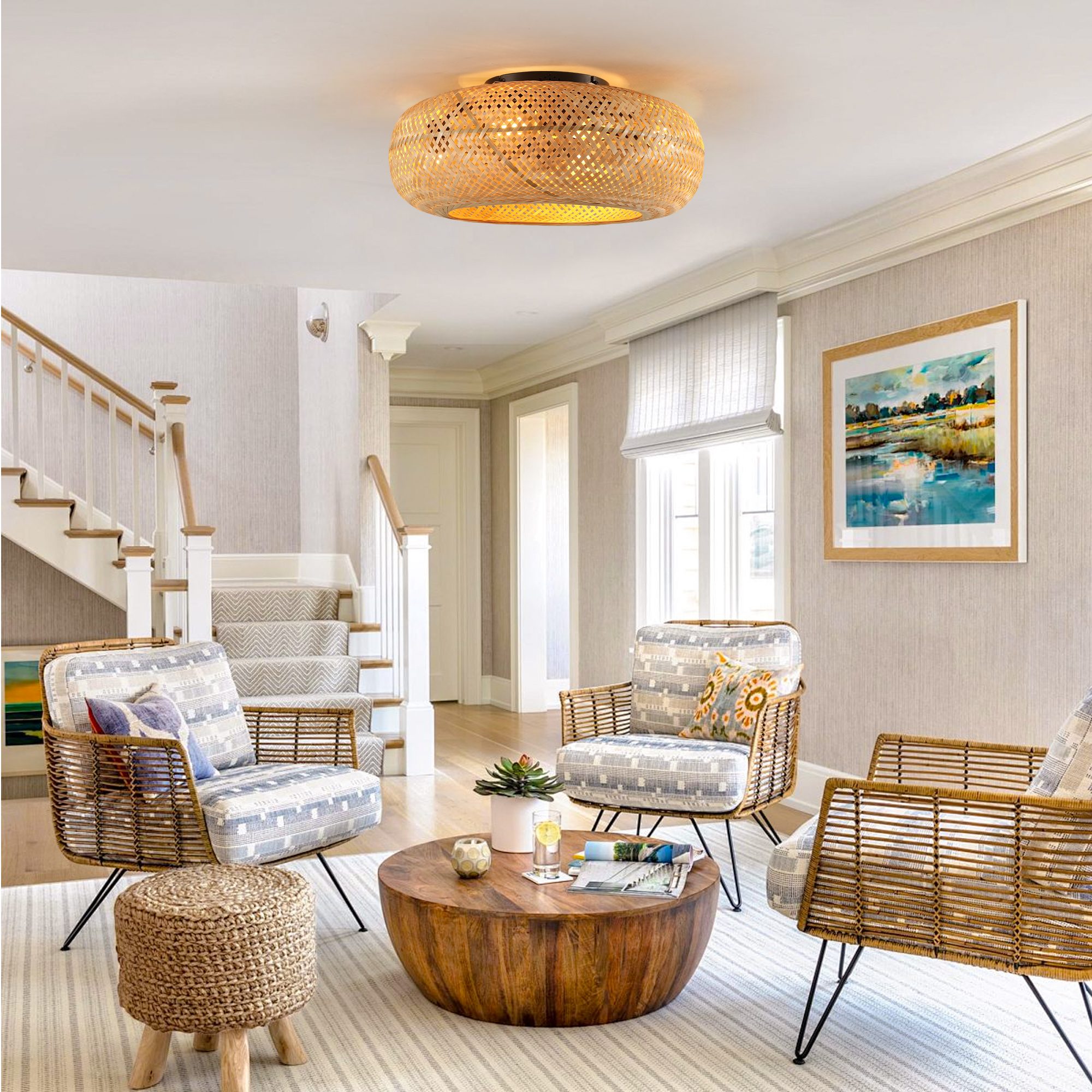 19" Rattan Ceiling Fan with 4 Bulbs, Dimmable, Remote Control,7 Blades, Reversible DC Motor