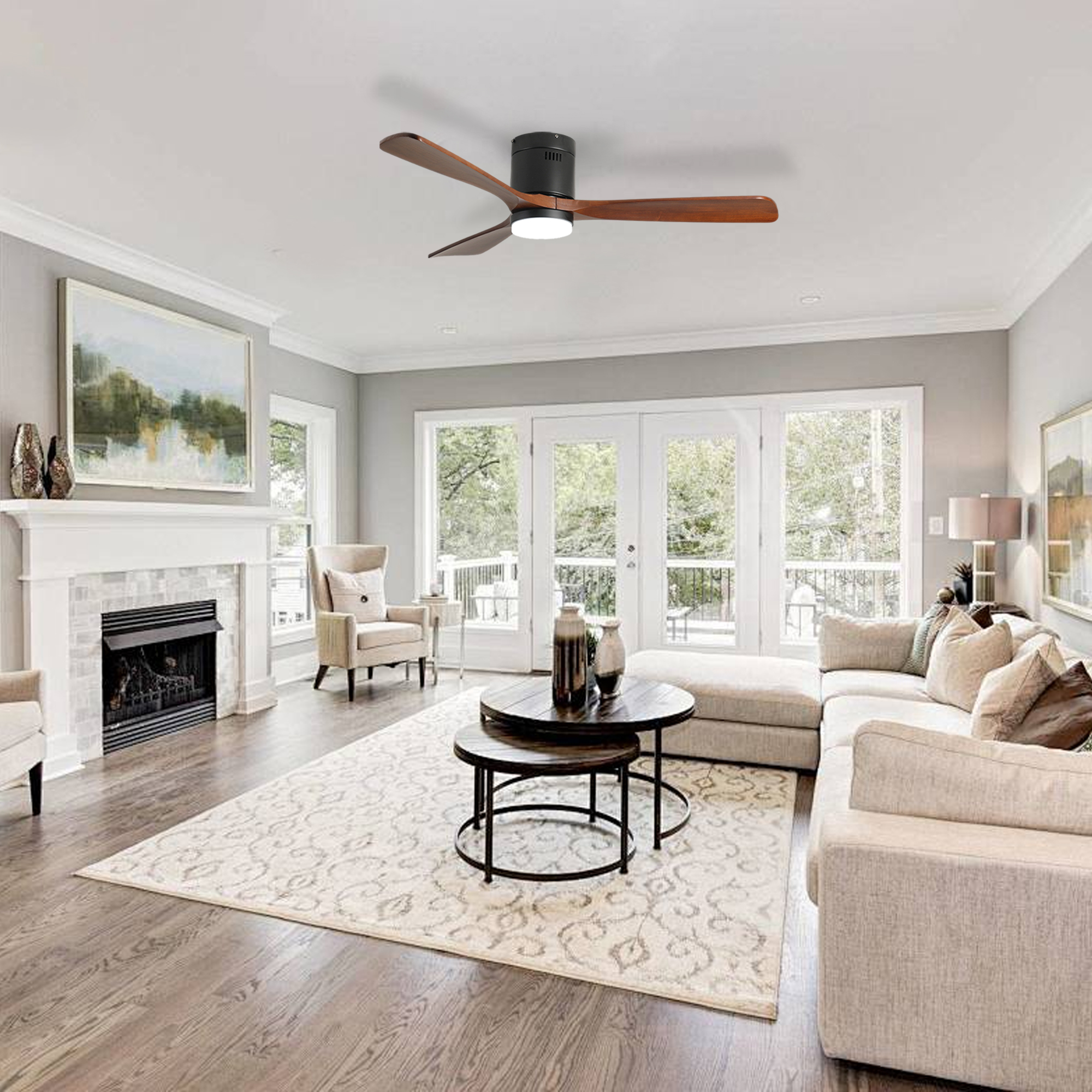 52-inch Ceiling Fan with Light, 3 Wood Blades, Remote Control, Reversible DC Motor for Living Room (Black+Dark Walnut)