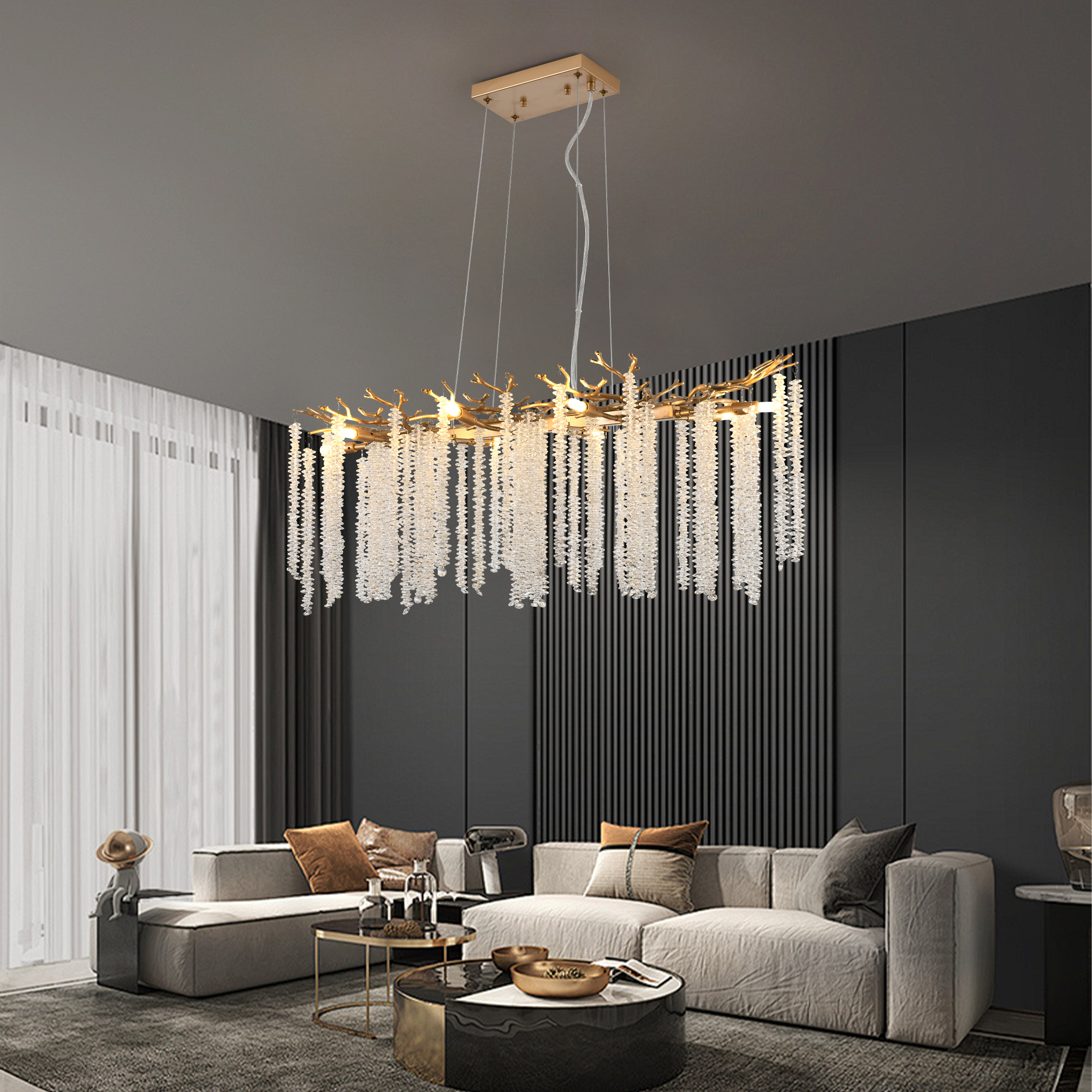 39-inch Modern Golden Pendant Light with Cascading Crystal Strands, Ideal for Living Room, Dining Room and Foyer, High-End Decorative Lighting Fixture (Bulb Not Included)