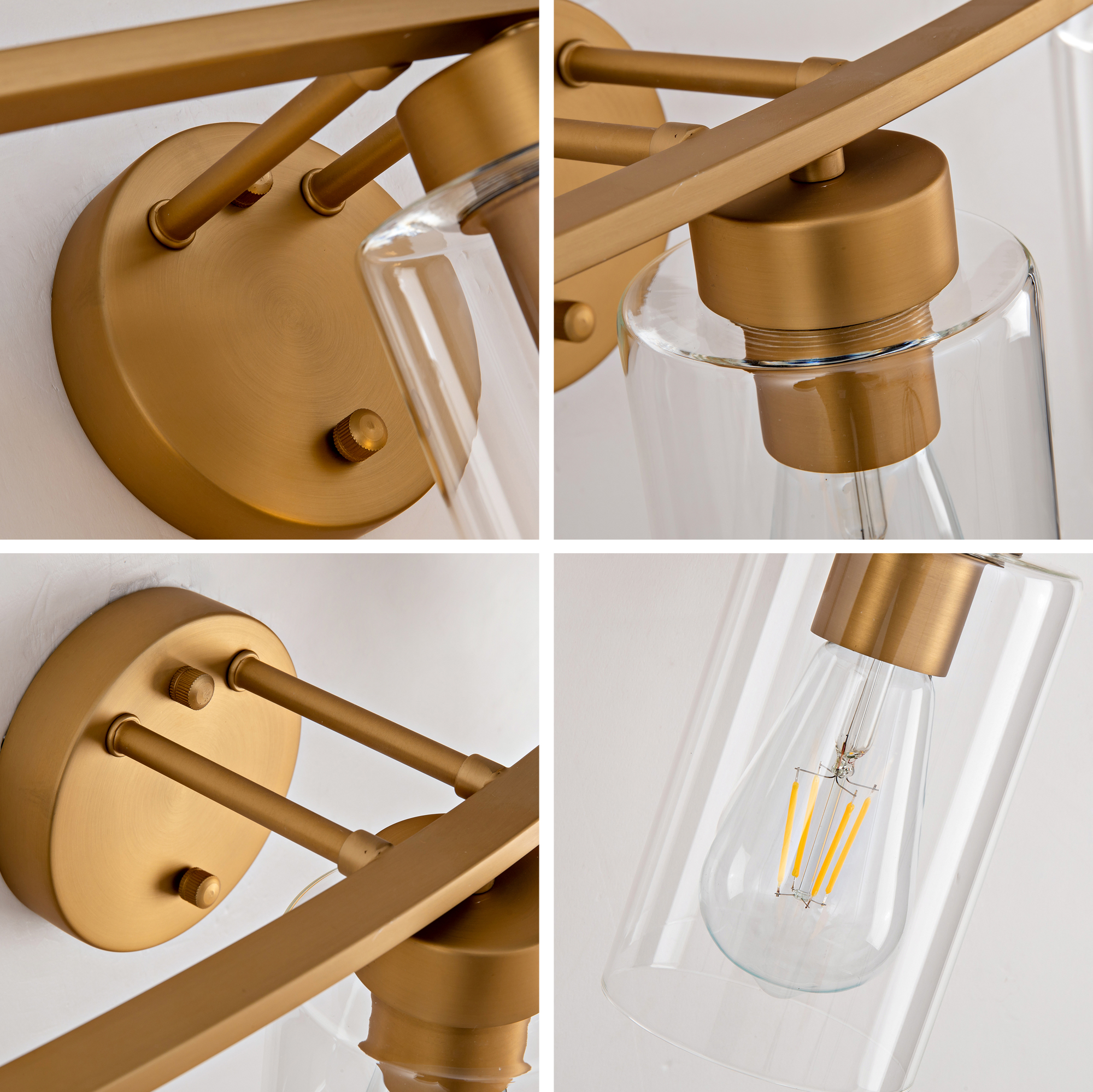3-Light Brushed Gold Vanity Lights, E26 Modern Bathroom Light Fixtures with Clear Glass Shade, Wall Lamps for Mirror Kitchen Hallway Cabinet Living Room Sconces Lights