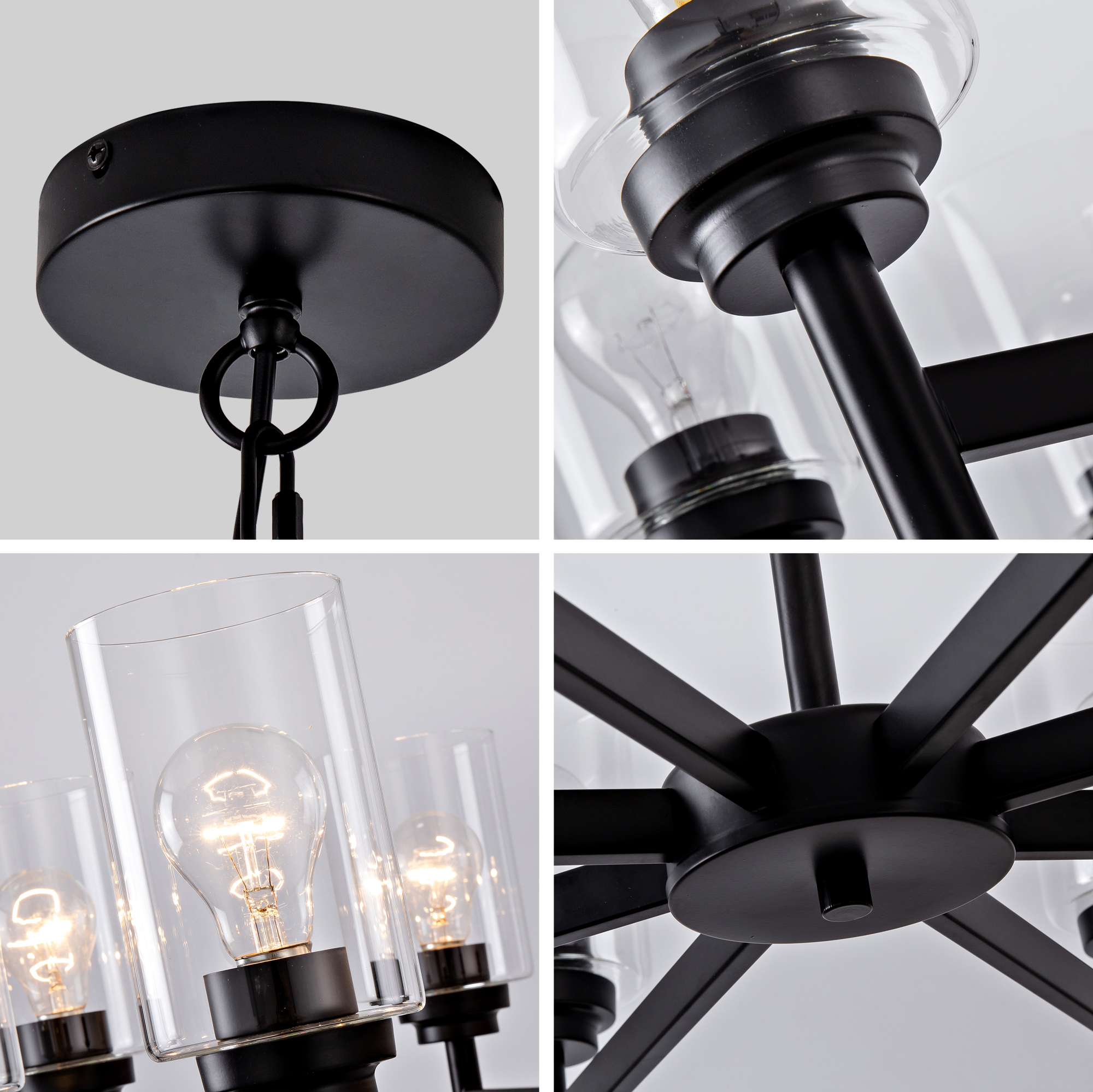 Farmhouse 8-Light Glass Chandelier, Modern Black Light Fixture for Kitchen Dining Room Over Table, Industrial Lighting for Living Room, Foyer, Entryway, E26 Bulb Base