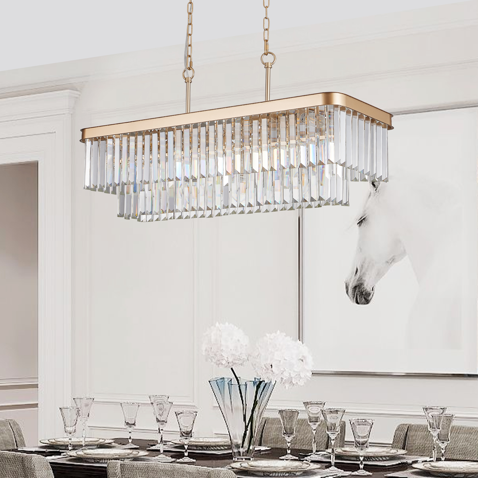 Chandeliers,Rectangular Crystal Chandelier Adjustable,E12 Modern Industrial Crystal Lights,Farmhouse Iron Ceiling Hanging Light for Kitchen Living Room Bedroom/Gold(Bulb Not Included)