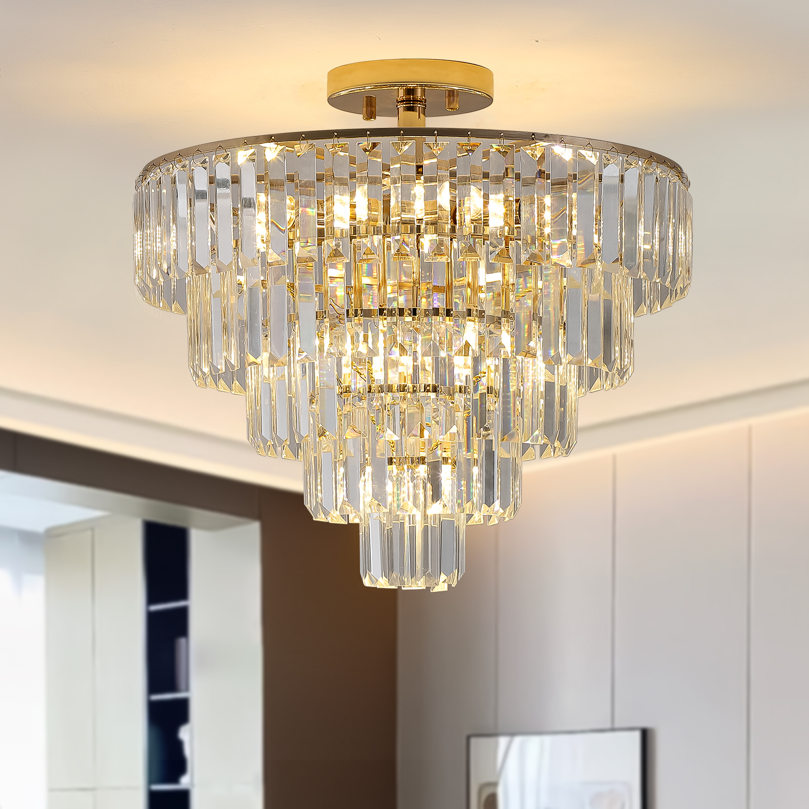 Gold Crystal Chandeliers,5-Tier Round Semi Flush Mount Chandelier Light Fixture,Large Contemporary Luxury Ceiling Lighting for Living Room Dining Room Bedroom Hallway