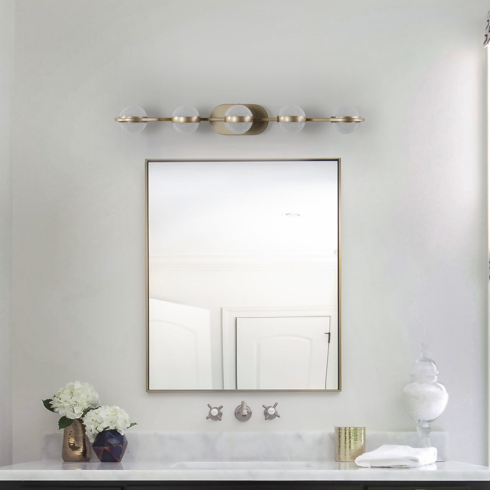 Bathroom Vanity Light, LED 5 Bulb Crystal Sand Acrylic Shades, Wall Mounted Decorative Lighting Fixture, Suitable for Bathroom Vanity Mirror (Champagne Gold)