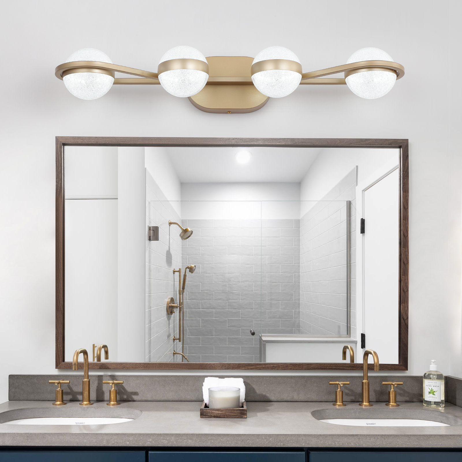 28" Golden Minimalist LED Bathroom Vanity Light with Crystal Sand Acrylic Shades, 4-Light Wall Mounted Decorative Lighting Fixture, Suitable for Bathroom Vanity Mirror