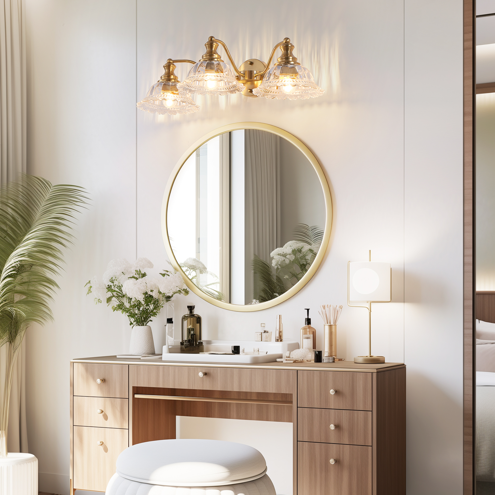 24 Inch 3-Light Vintage Bathroom Wall Sconce – Elegant Golden Metal and Glass Lampshade Vanity Light Fixture for Bathroom, Hallway, or Bedroom (Bulb Not Included)