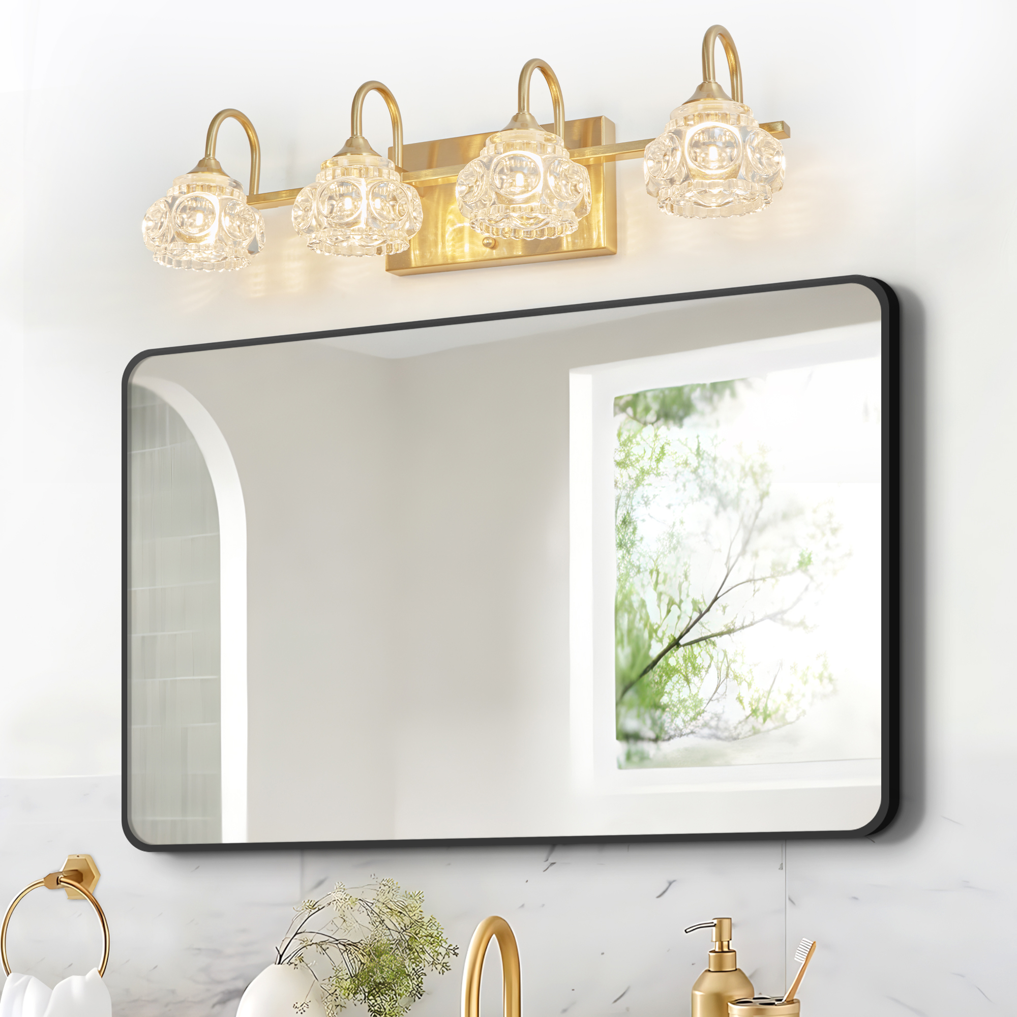 23" Modern Crystal Bathroom Vanity Light, 4-Light Golden Wall Sconce with Clear Glass Shade, Elegant Wall Mount Lighting for Bathroom, Powder Room, or Vanity Mirror (No Bulbs)