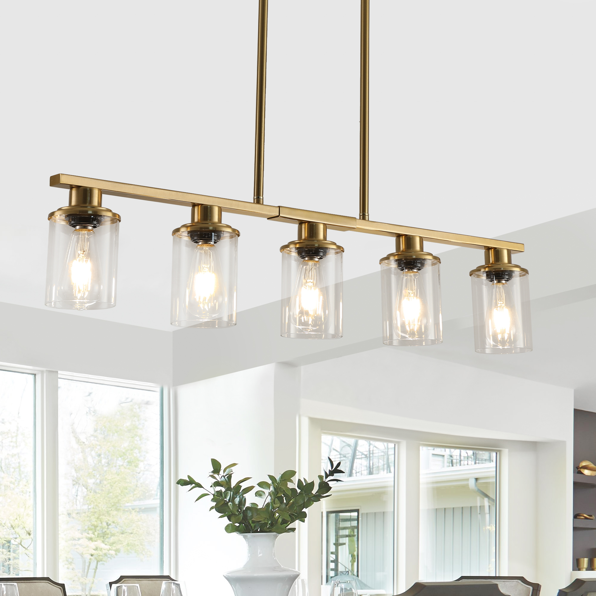 37" Modern Industrial 5-Light Chandelier with Clear Glass Shades, Golden Metal Frame Hanging Ceiling Light Fixture for Dining Room, Kitchen Island, Living Room (No Bulbs)