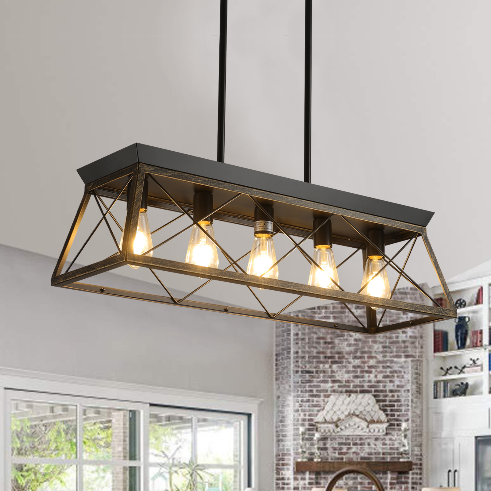 32" Black Gold Industrial 5-Light Pendant Chandelier, Modern Metal Cage Design, Adjustable Hanging Light for Dining Room, Kitchen, Living Room (No Bulbs)
