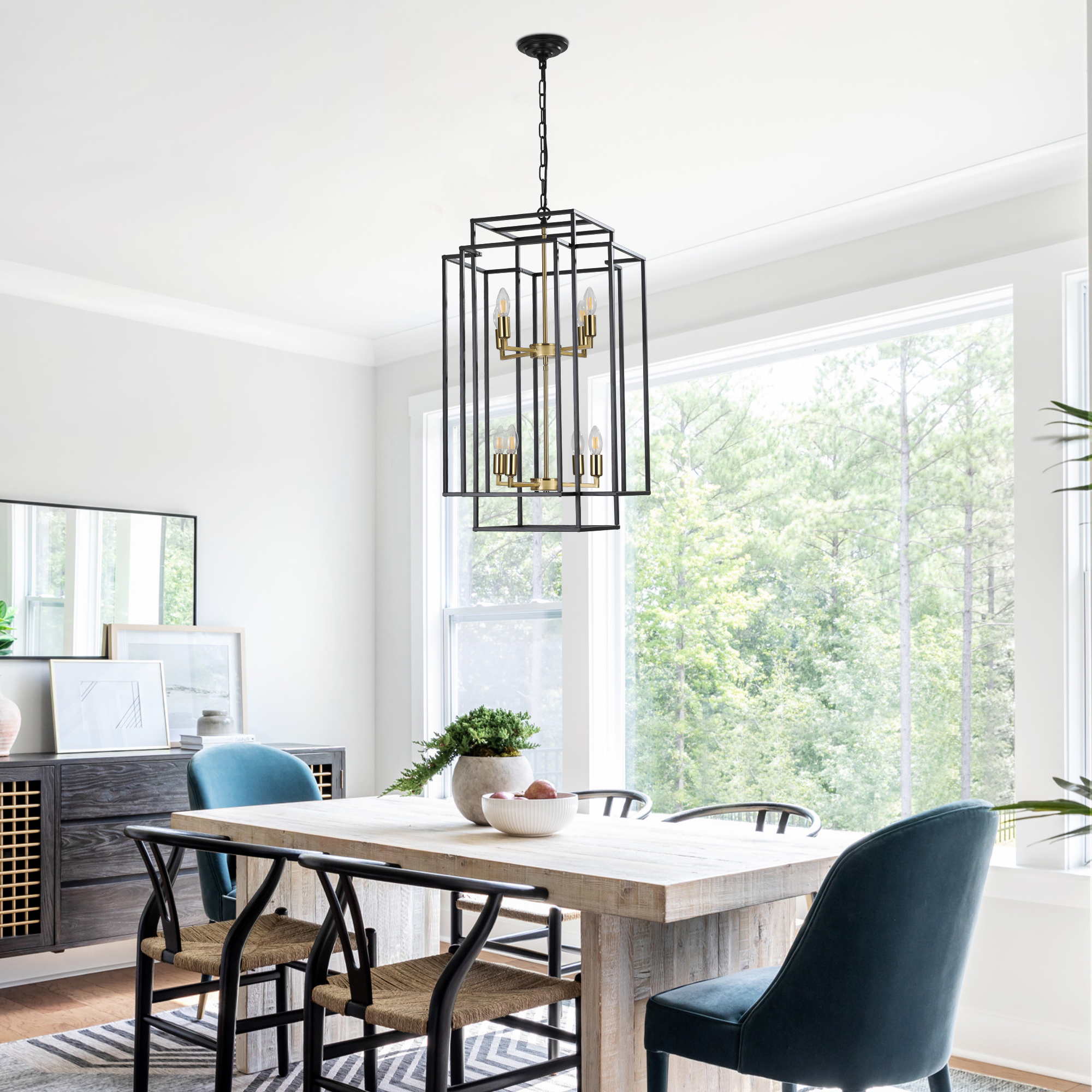 18" Modern 8-Light Black Gold Geometric Pendant Chandelier, Industrial Metal Frame, Adjustable Hanging Light for Living Room, Dining Room, Kitchen (No Bulbs)