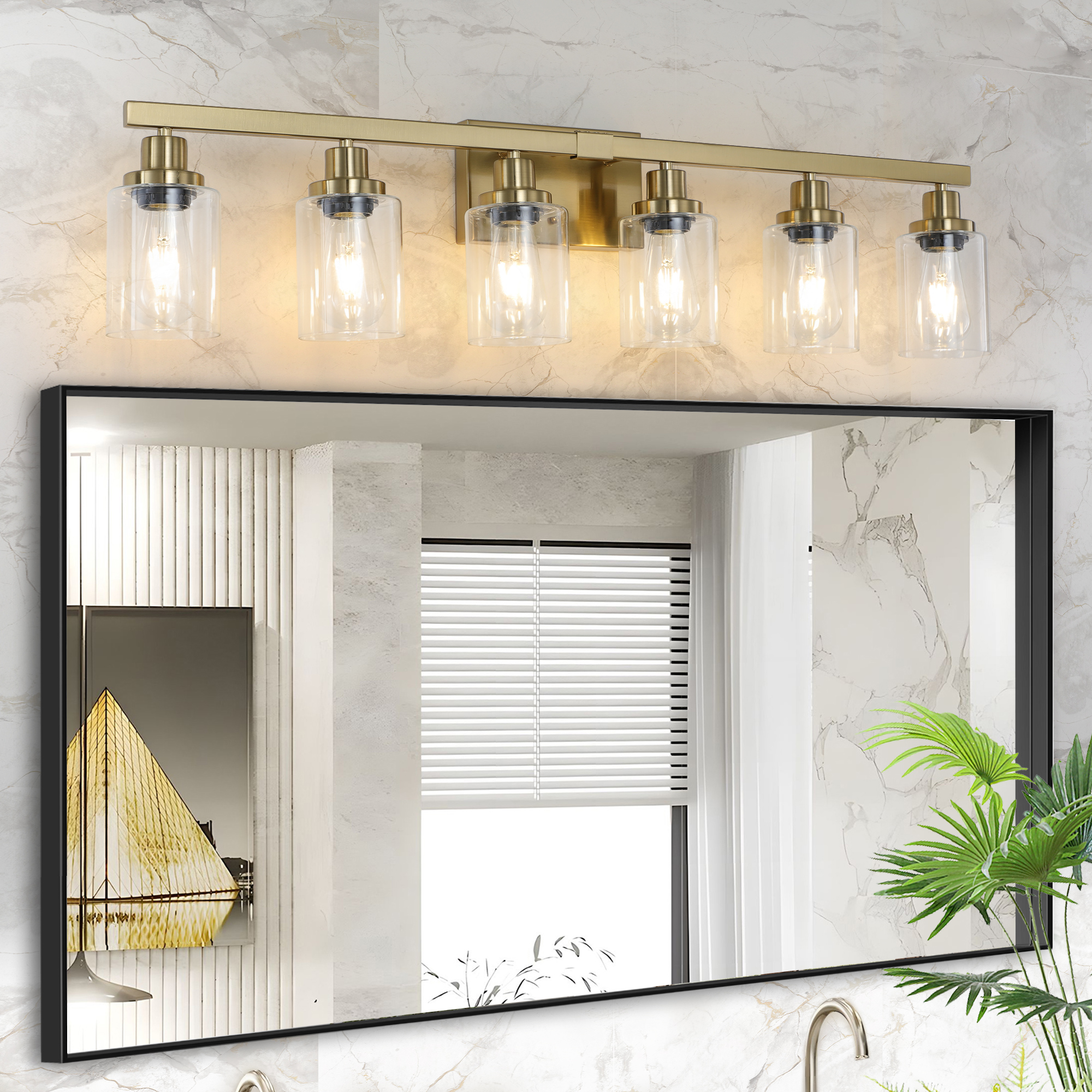 37" Golden 6-Light Vanity Light with Clear Glass Shades, Modern Iron Metal Bathroom Wall Fixture for Mirror, Ideal for Bathroom and Dressing Table (No Bulbs)