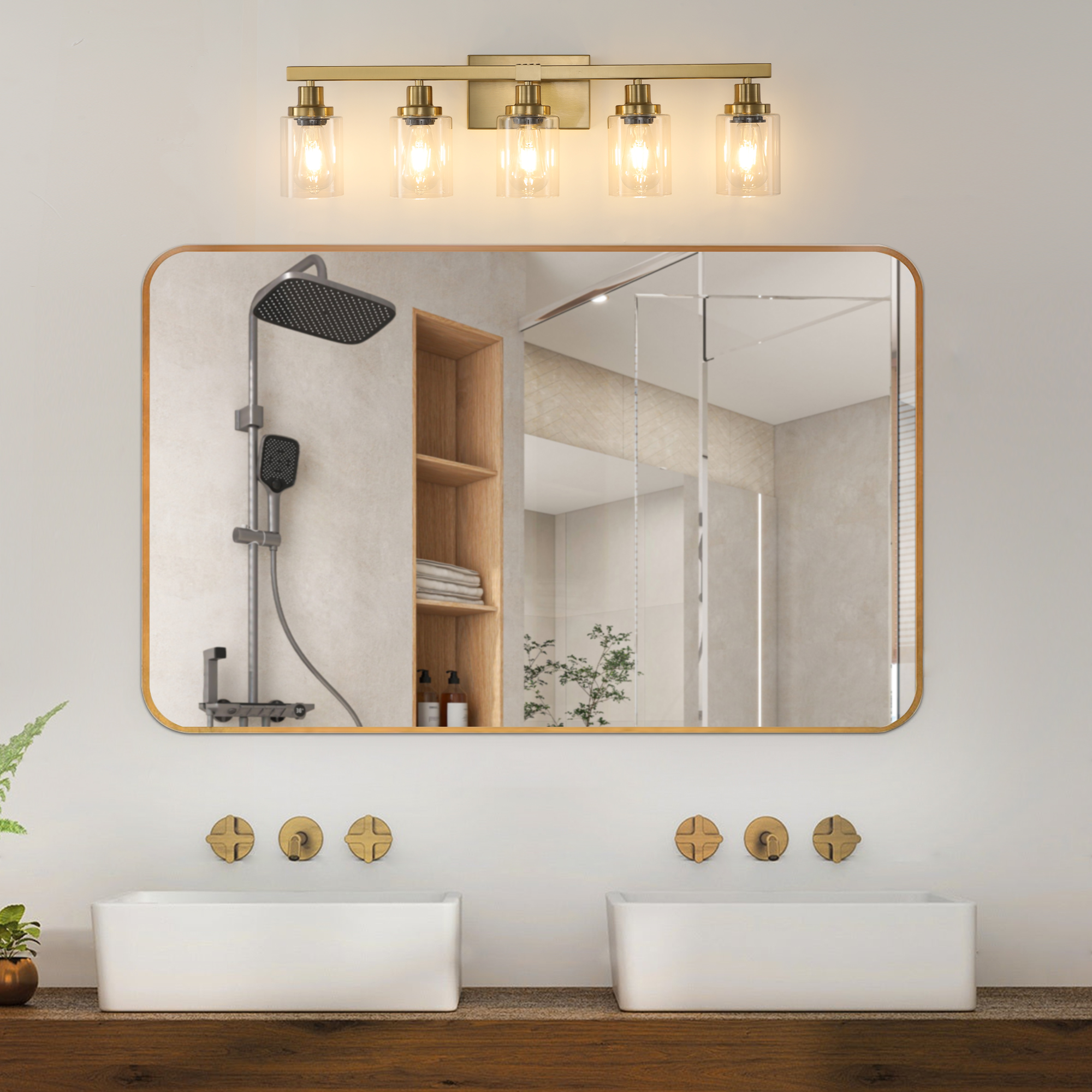 31" Golden 5-Light Vanity Light with Clear Glass Shades, Modern Iron Metal Bathroom Wall Fixture for Mirror, Ideal for Bathroom and Dressing Table (No Bulbs)
