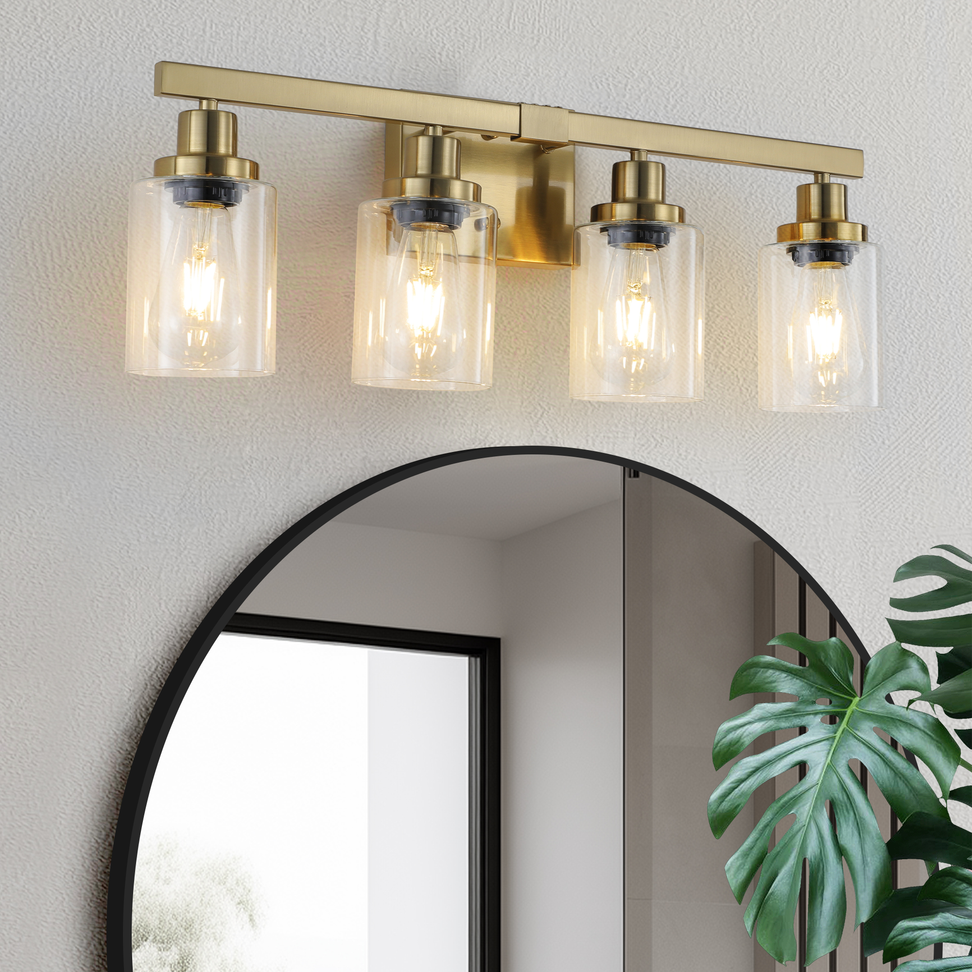 24" Golden 4-Light Vanity Light with Clear Glass Shades, Modern Iron Metal Bathroom Wall Fixture for Mirror, Ideal for Bathroom and Dressing Table (No Bulbs)
