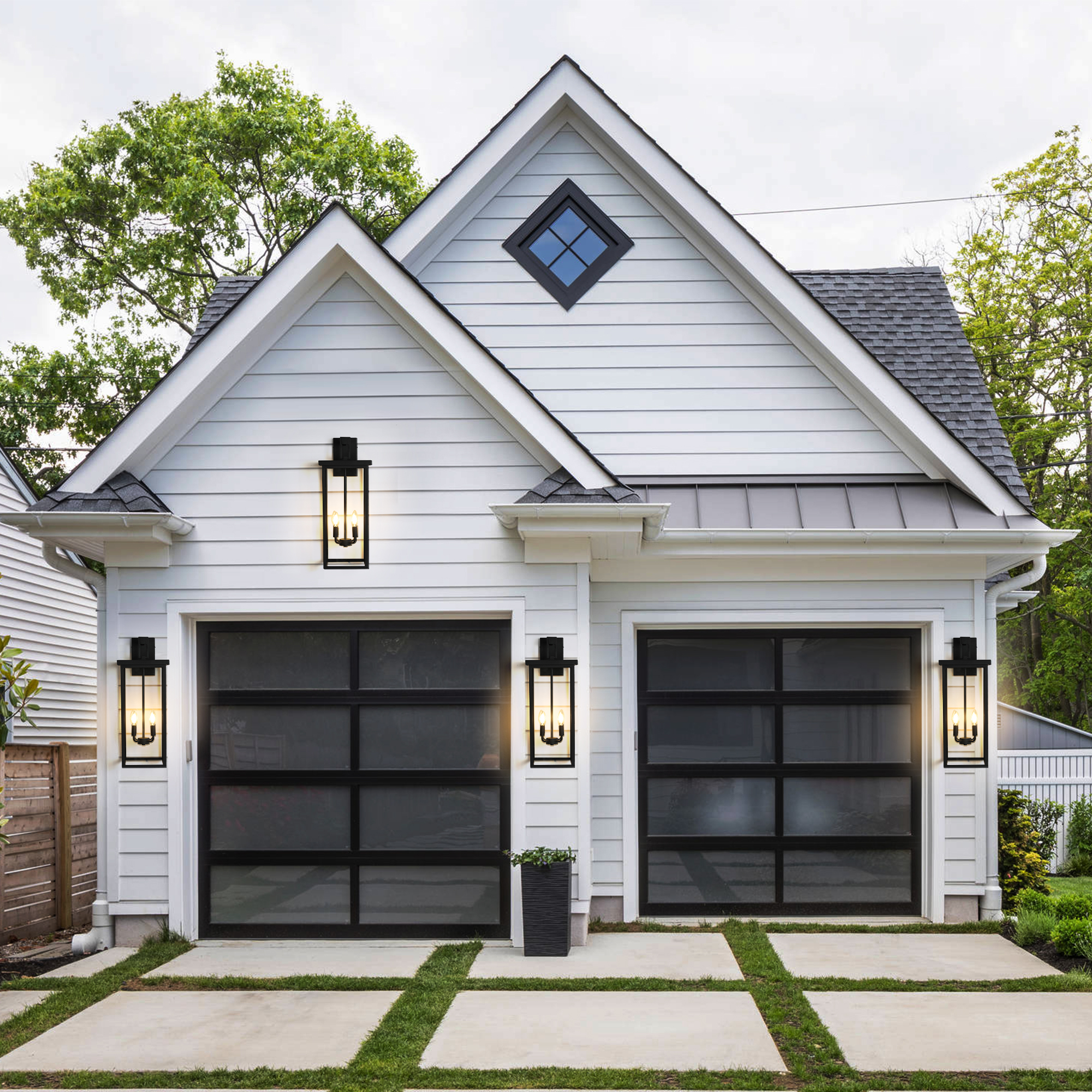 26"(H) 1ps Modern Outdoor Wall Lanterns with Black Metal Frame and Clear Glass, 4 E12 Bulb Socket, Weatherproof Wall Sconces for Porch, Garden, Patio (No Bulbs)