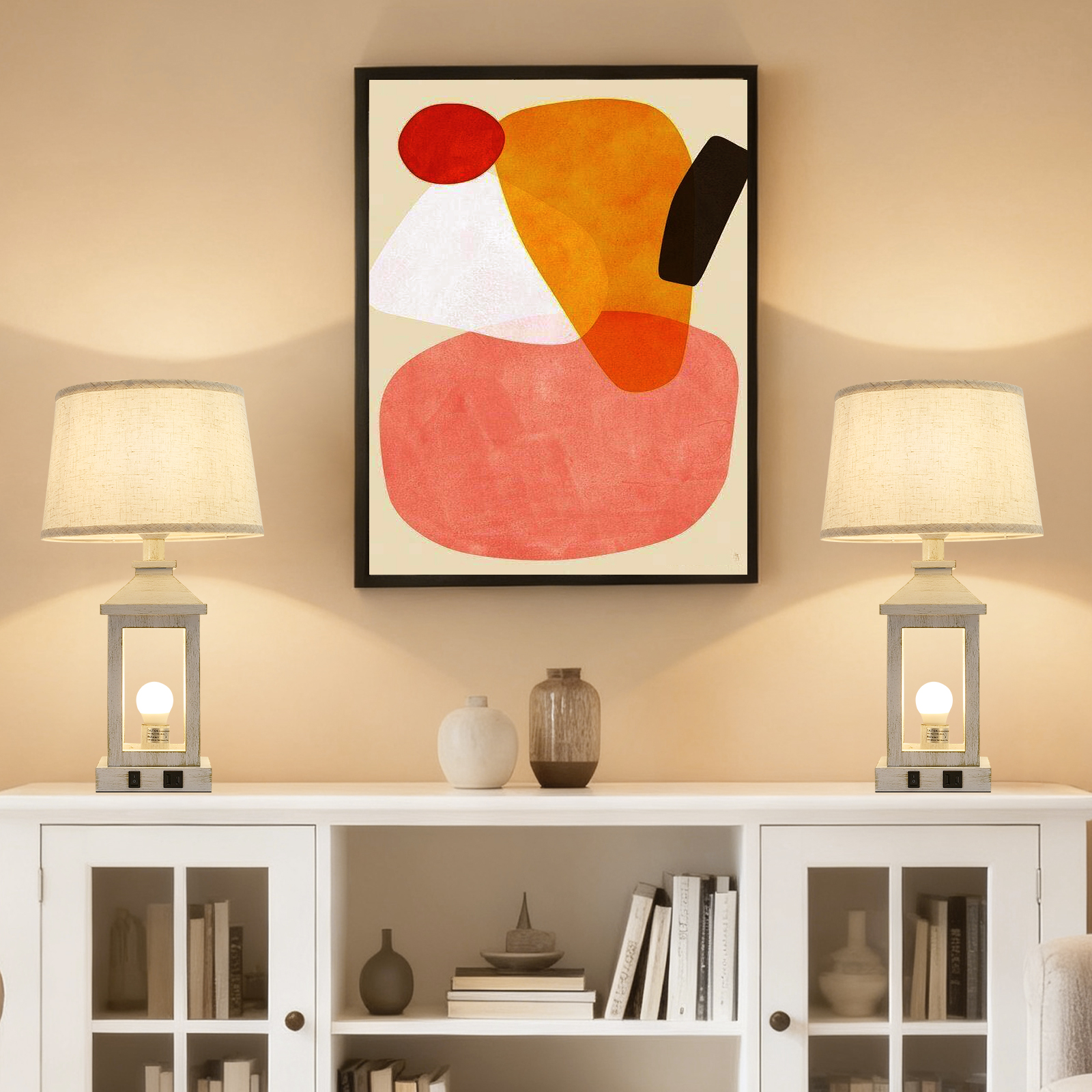 20.5" Set of 2 Vintage Table Lamps for Living Room,Farmhouse Industrial Nightstand Lamp with USB C+A & Outlet,White Bedside Lamps for End Table with Nightlight(Including Light Bulbs)