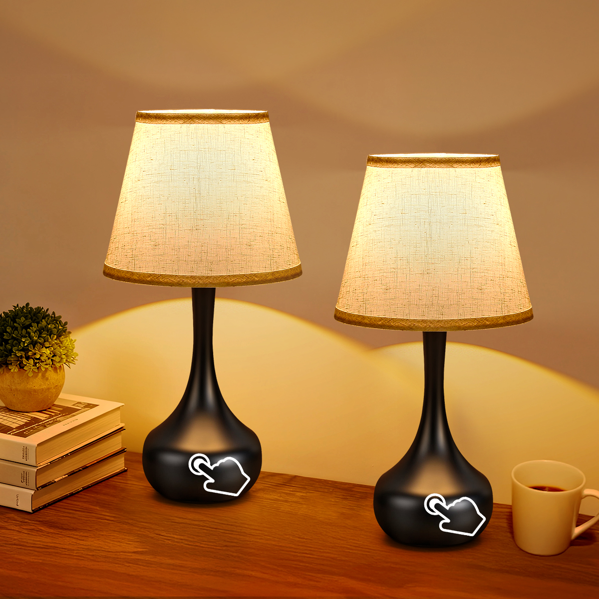 3-Way Dimmable Set of 2 Small Bedside Lamps for Night Stands, Black Desk Lamps for Kids Room,Office,Living Room, End Table(LED Bulbs Included)