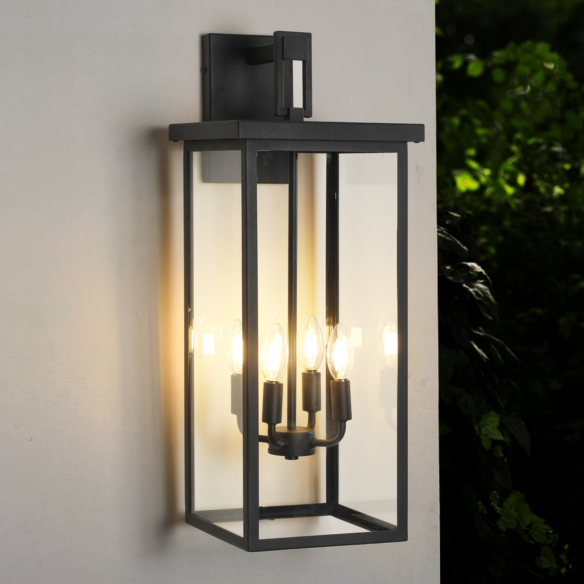 (Same as W1340119951/L1013) 26"(H) 1ps Modern Outdoor Wall Lanterns with Black Metal Frame and Clear Glass, 4 E12 Bulb Socket, Weatherproof Wall Sconces for Porch, Garden, Patio (No Bulbs)
