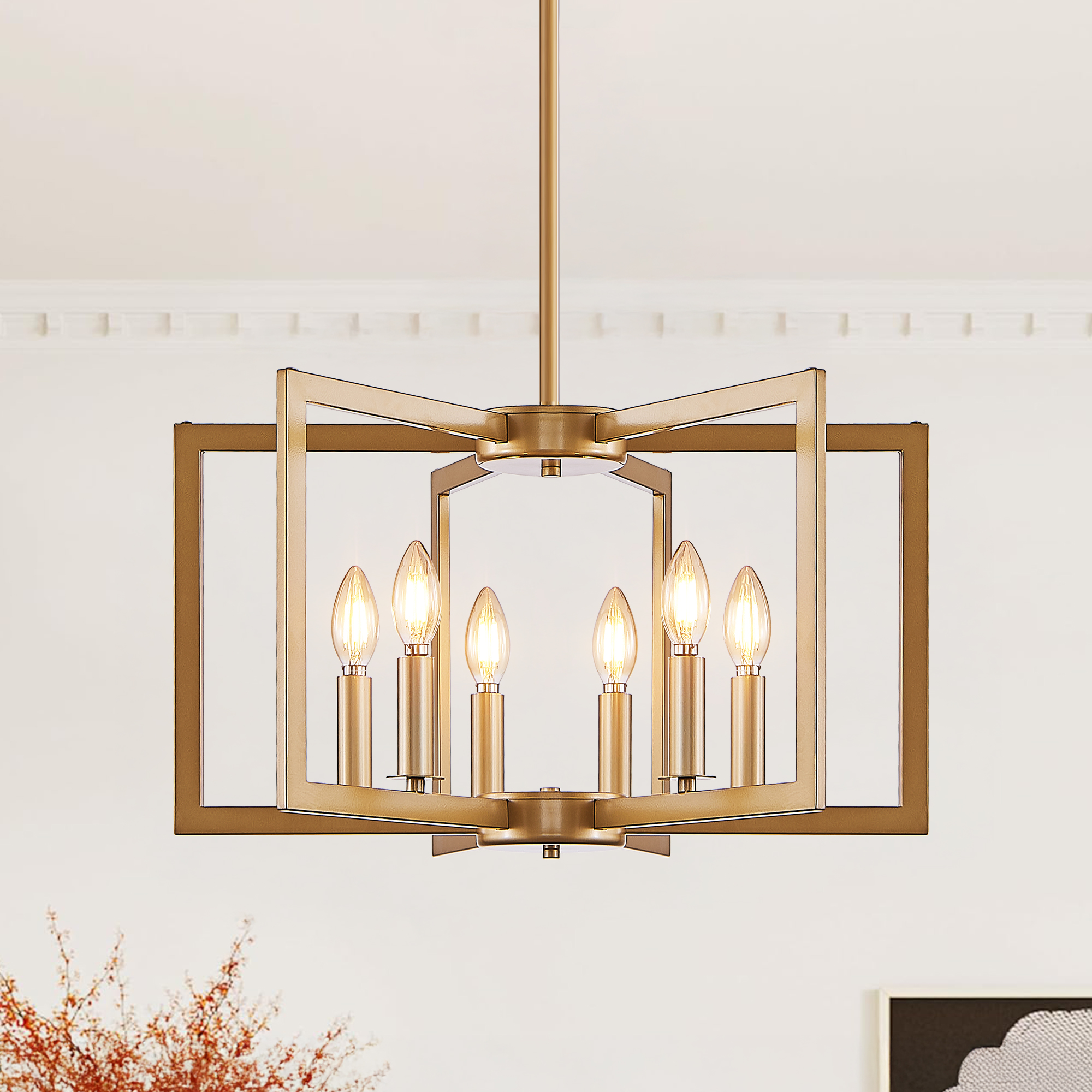 22" Modern Golden Geometric 6-Light Chandelier – Industrial Metal Pendant Light Fixture for Living Room, Dining Room, or Kitchen (Bulb Not Included)
