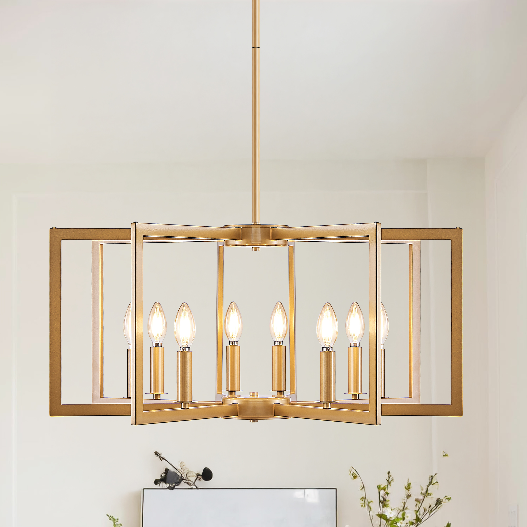 27" Modern Golden Geometric 8-Light Chandelier – Industrial Metal Pendant Light Fixture for Living Room, Dining Room, or Kitchen (Bulb Not Included)
