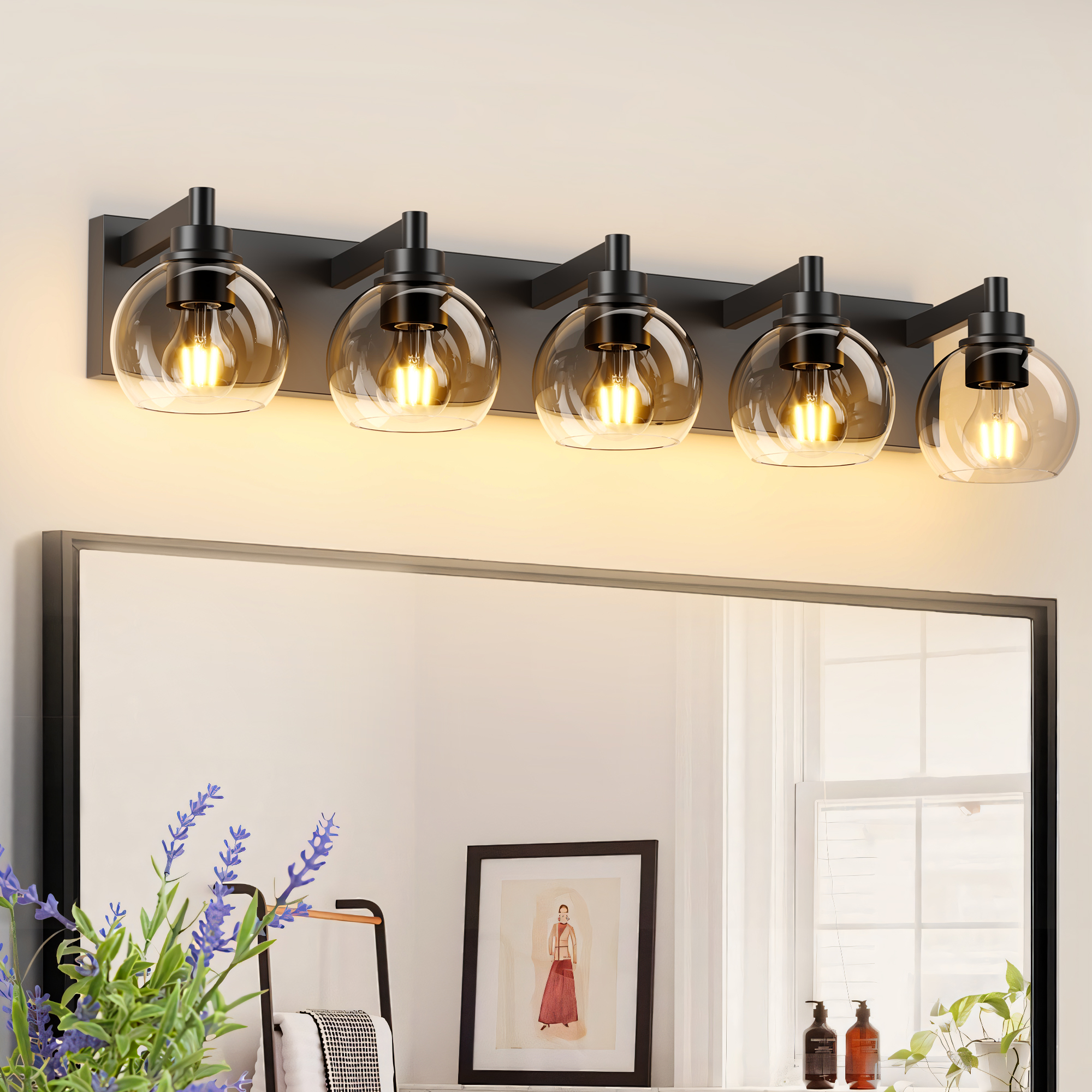 Bathroom Light Fixtures Over Mirror 5-Lights Bathroom Vanity Light with Clear Globe Glass Shade Modern Black Vanity Light Wall Sconce Vanity Lighting for Bath(Bulbs Not Included)