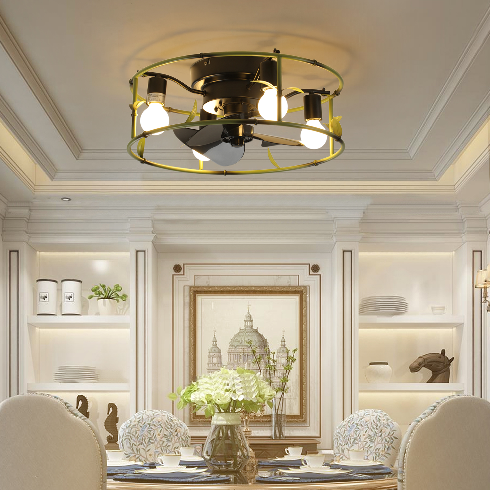 19" Green Industrial Ceiling Fan with Light - Flush Mount Caged Ceiling Fan with Remote, 3-Light Rustic Ceiling Fan, Silent 6-Speed Reversible DC Motor for Bedroom, Living Room (Bulb Not Included)