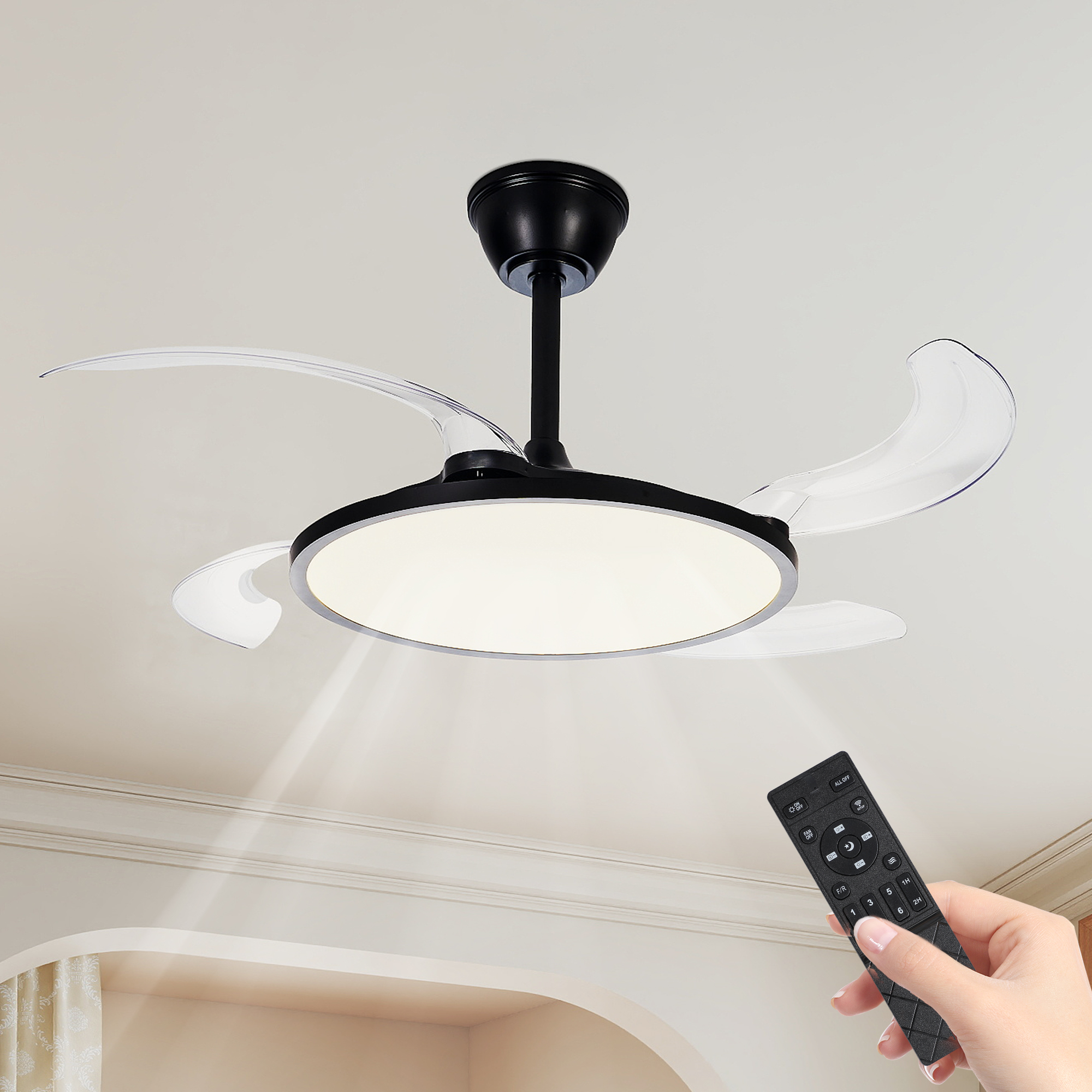 42 Inch Retractable Ceiling Fan,Low Profile Ceiling Fan with Light and Remote,Modern Black Fan with Retractable Blades for Dinning Room Living Room Bedroom,Dimmable,Timer Setting