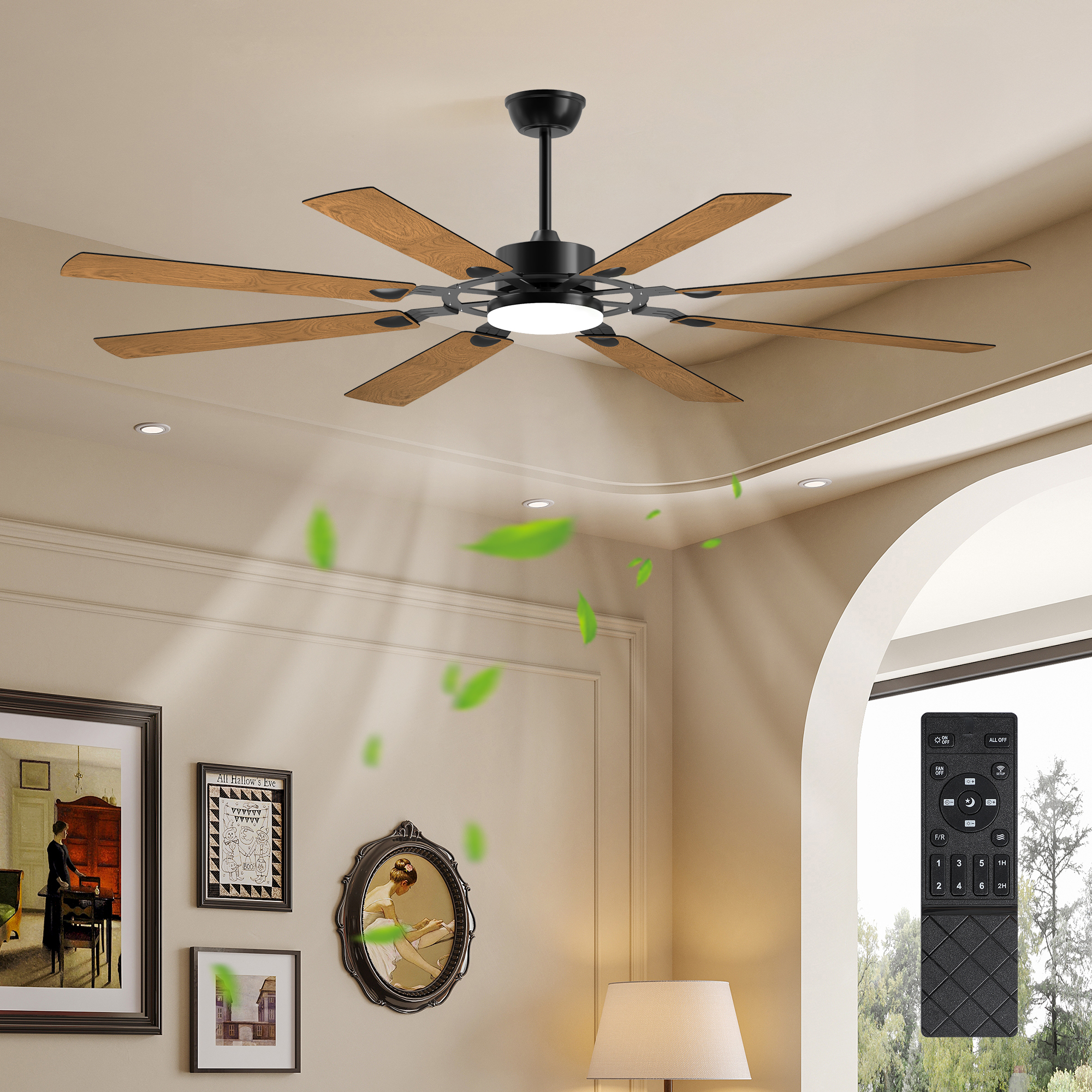 72-Inch 8-Blade Large Ceiling Fan,Reversible Quiet DC Motor,Indoor/Outdoor Modern Ceiling Fan,Suitable for Kitchen,Living Room and Terrace,Black.