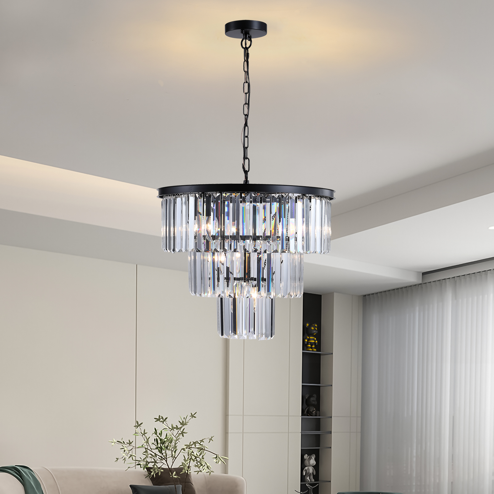 (NEW SKU:W1340P189315) 20" Modern Crystal Chandelier with Black Finish – Elegant 7-Light Pendant Light with 3 Tier Crystal Strands for Dining Room, Living Room, or Bedroom (Bulb Not Included)