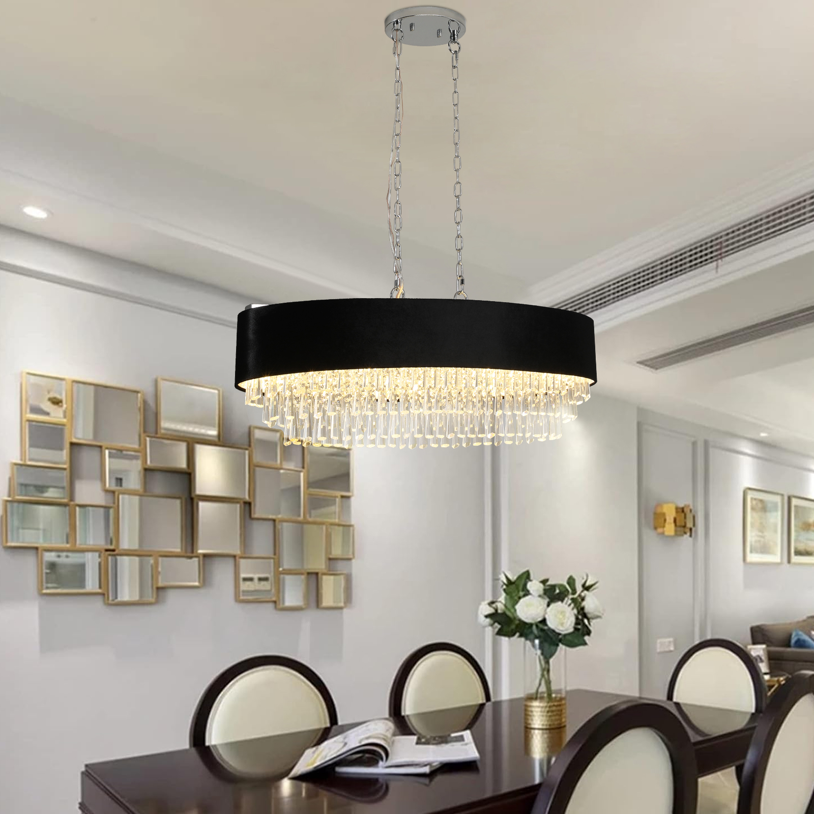 39" Modern Crystal Chandelier with Black Imitation Velvet Anti-Glare Shade, Adjustable Height, 8-Light G9 Base for Dining Room, Living Room, or Bedroom (Bulb Not Included)