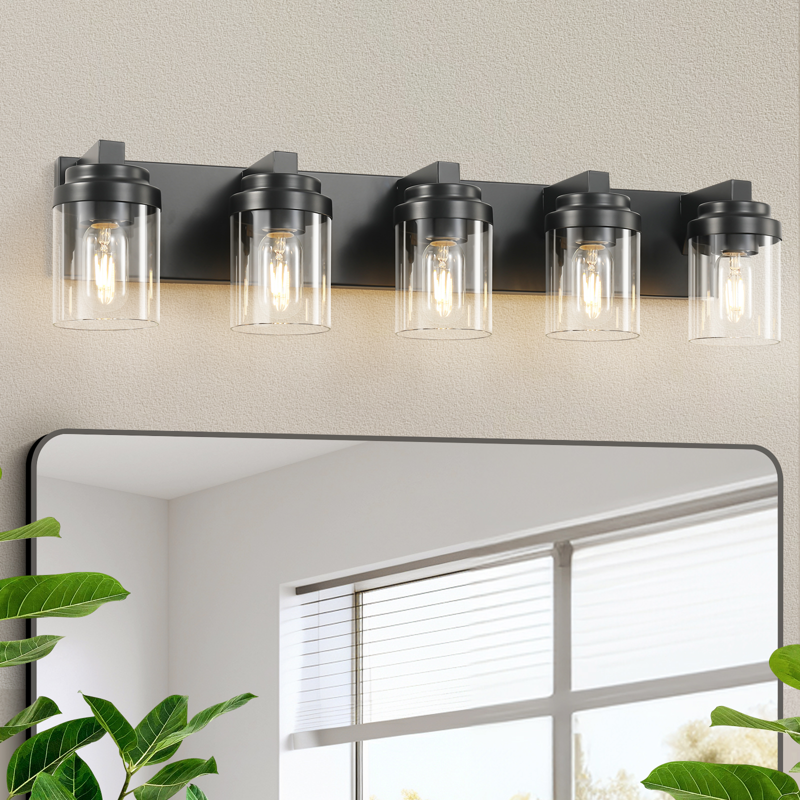 5-Light Bathroom Vanity Light Bathroom Light Fixtures Over Mirror, 31" Black Vanity Lights with Glass Shade, Modern Wall Sconce for Cabinet Porch Bedroom, Hallway(bulbs not included)